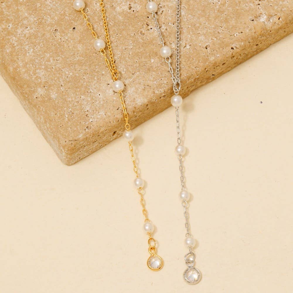 Dainty Chain Pearl Bead Lariat Necklace