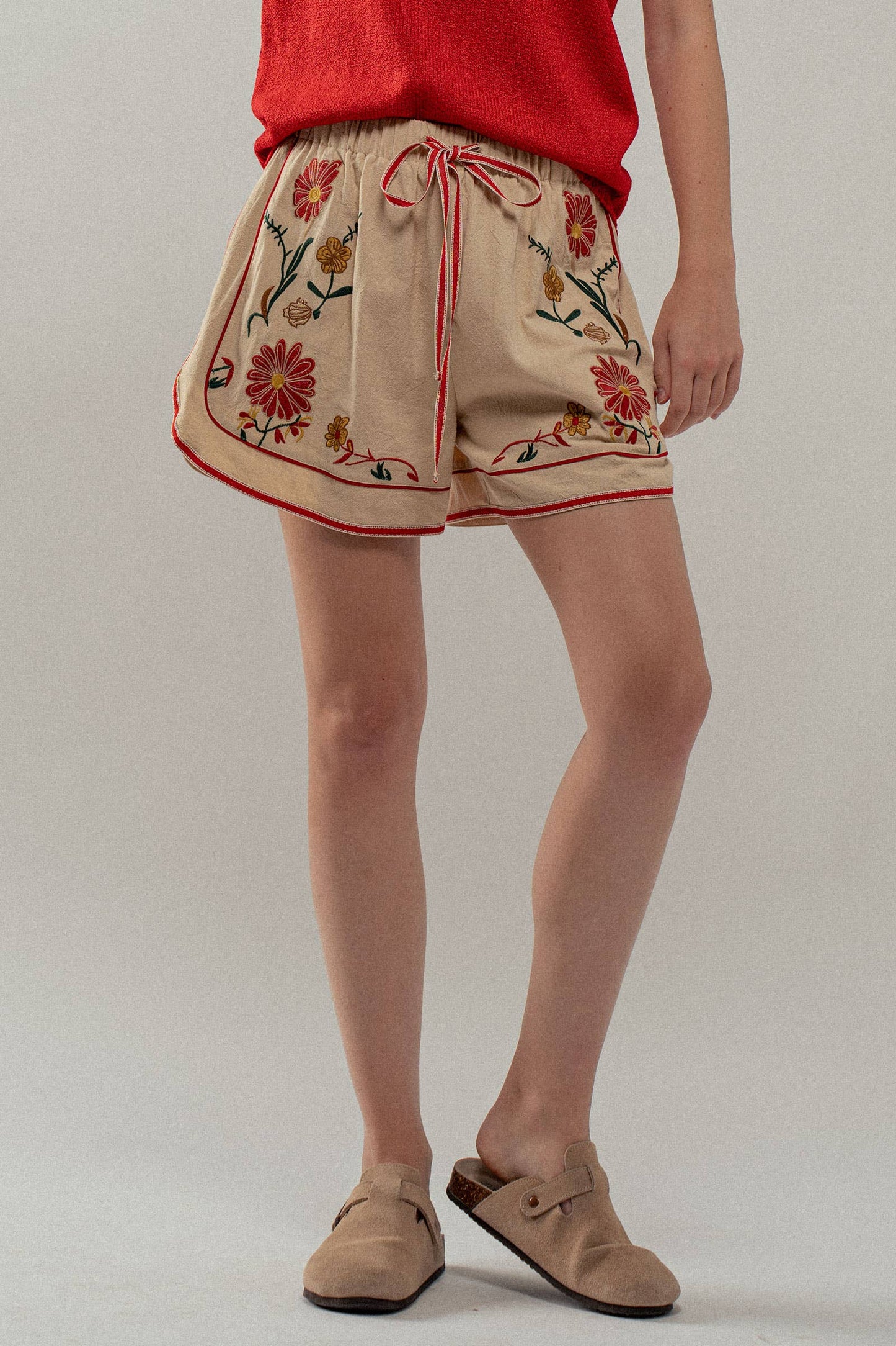 Embroidered Floral Drawstring Shorts