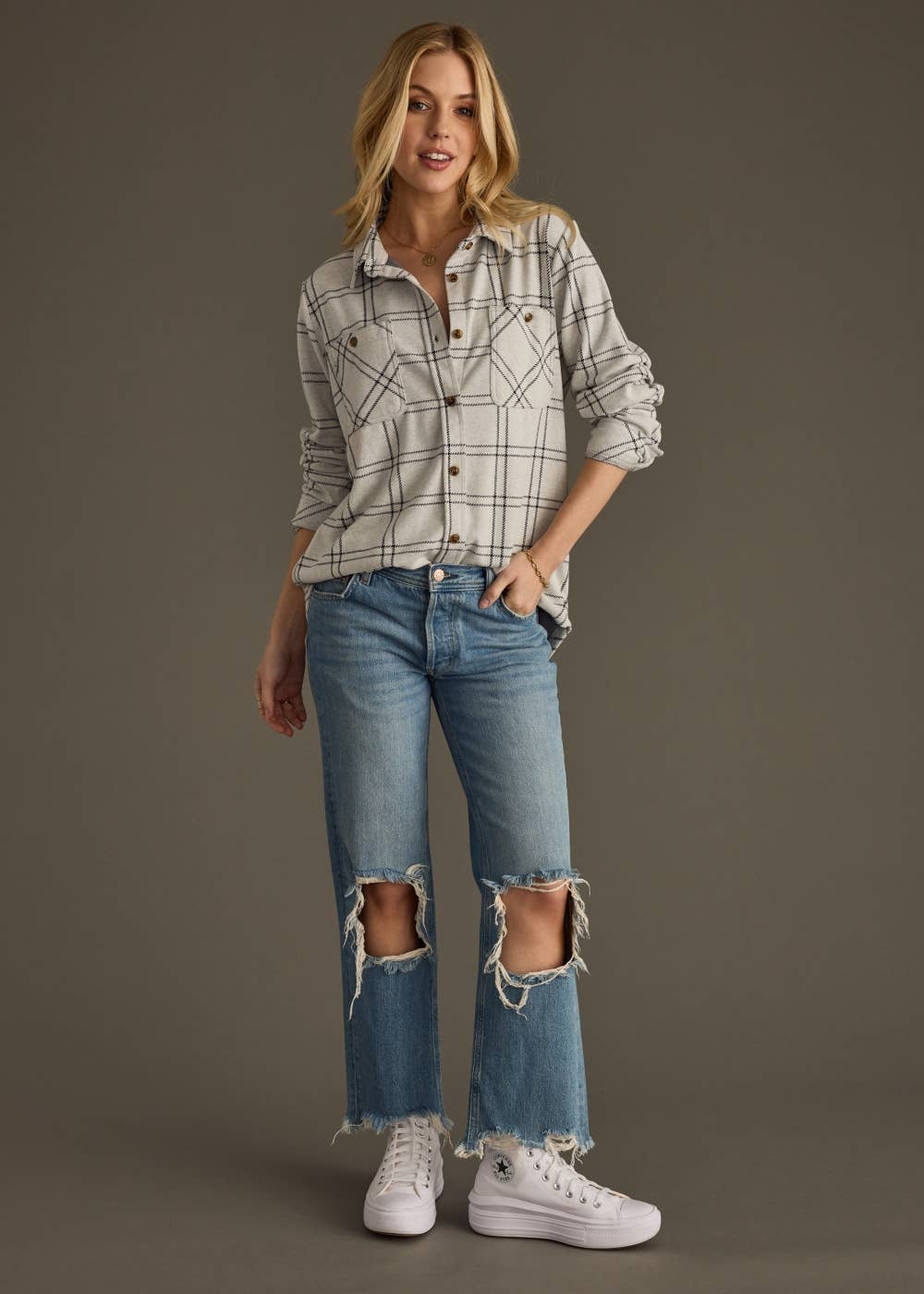 Lt. Gray & Black Plaid Button Up