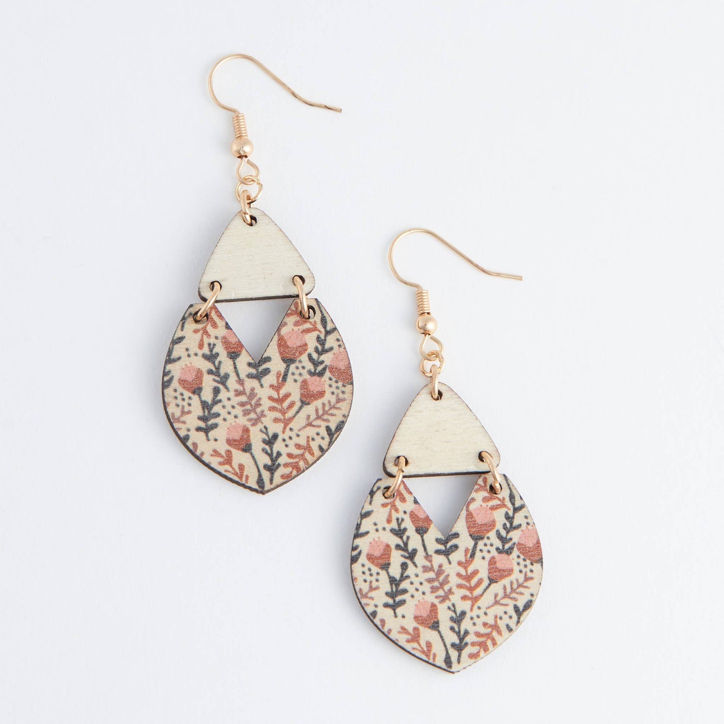 Jolie Wooden Floral Print Triangle Gold Drop Earrings
