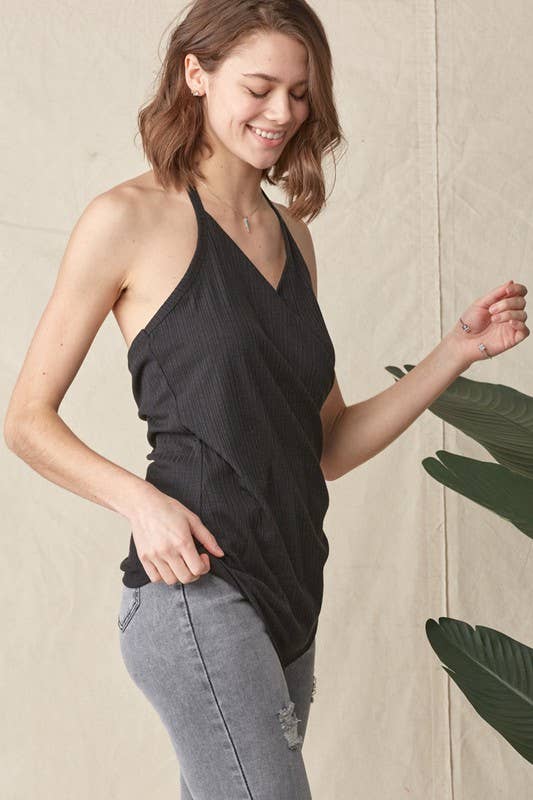 Rib Asymmetric Hem Halter Wrap Tank