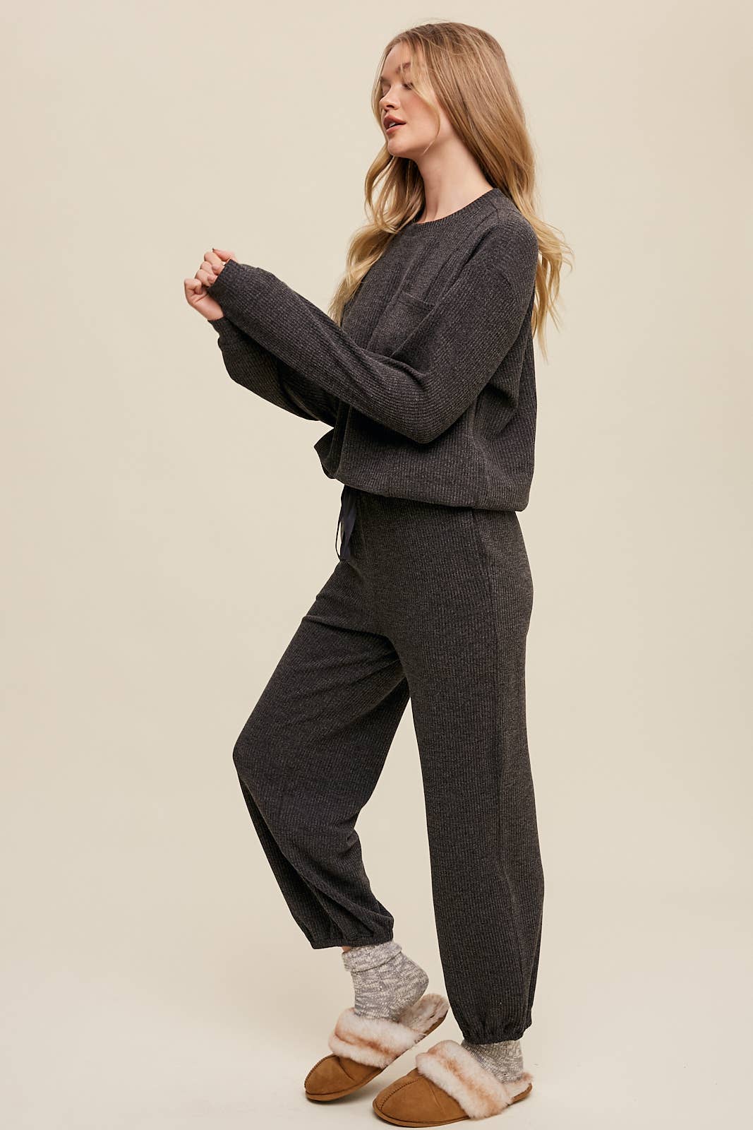 Waffle Knit Long Sleeve Lounge Set