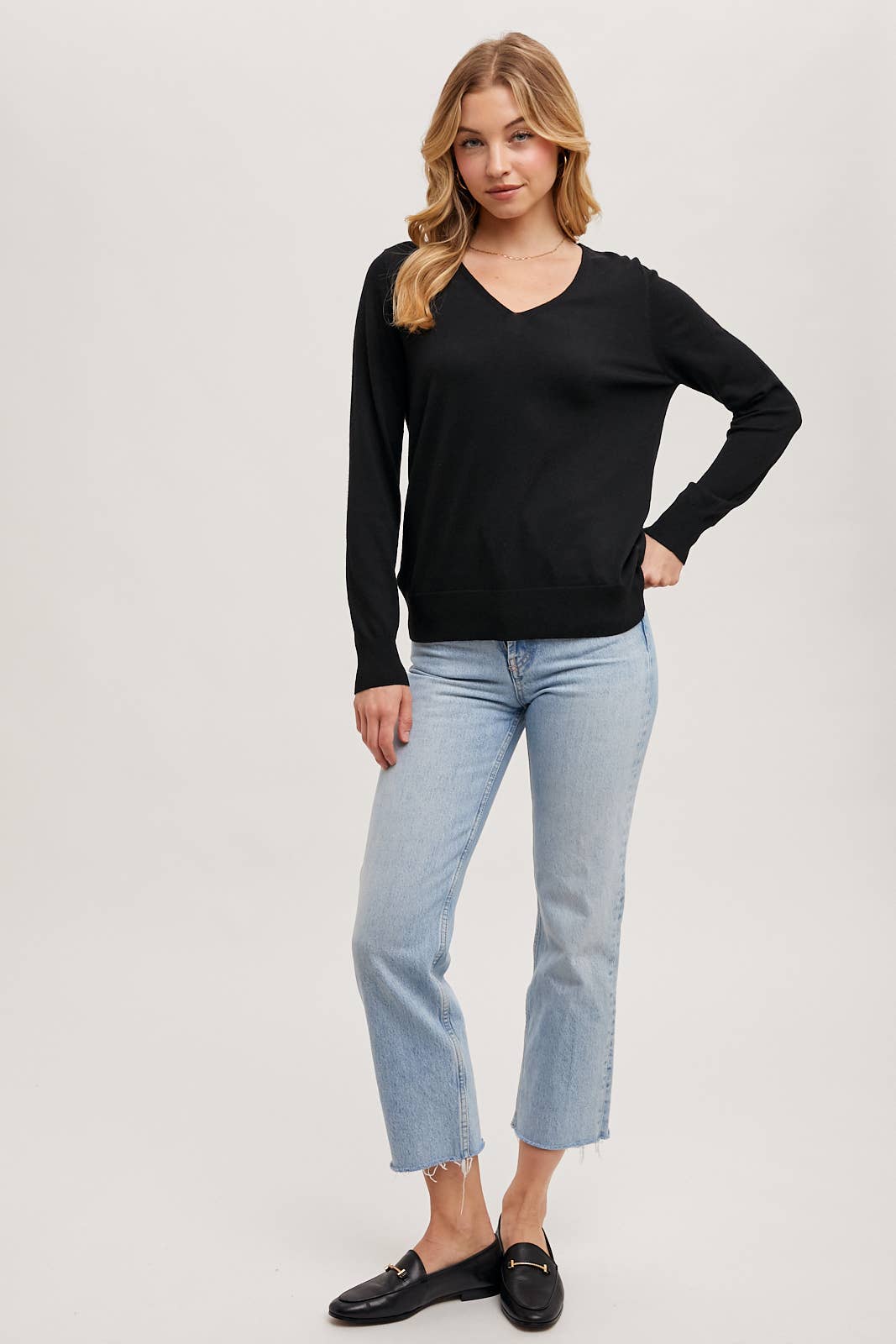 V-Neck Knit Pullover Long Sleeve Top