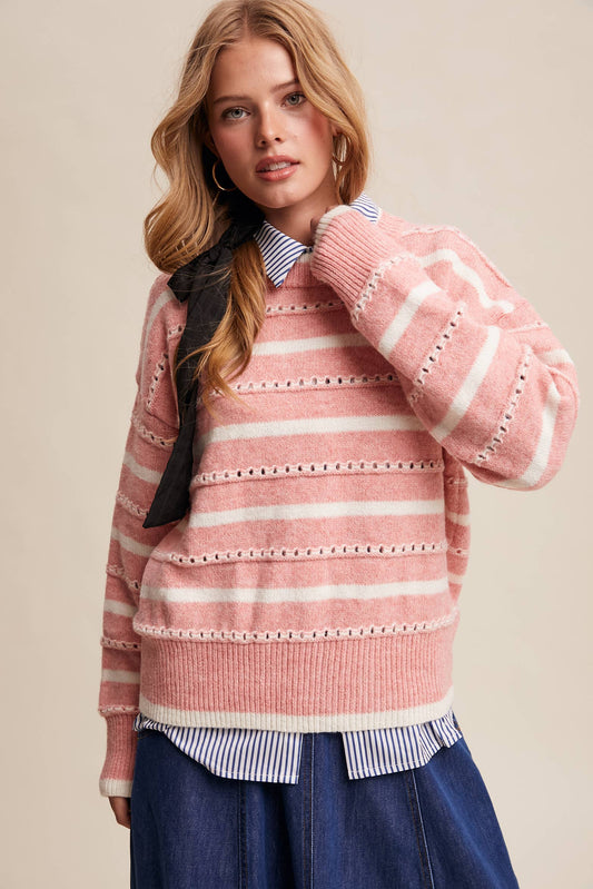 Striped Open-Stitch Sweater