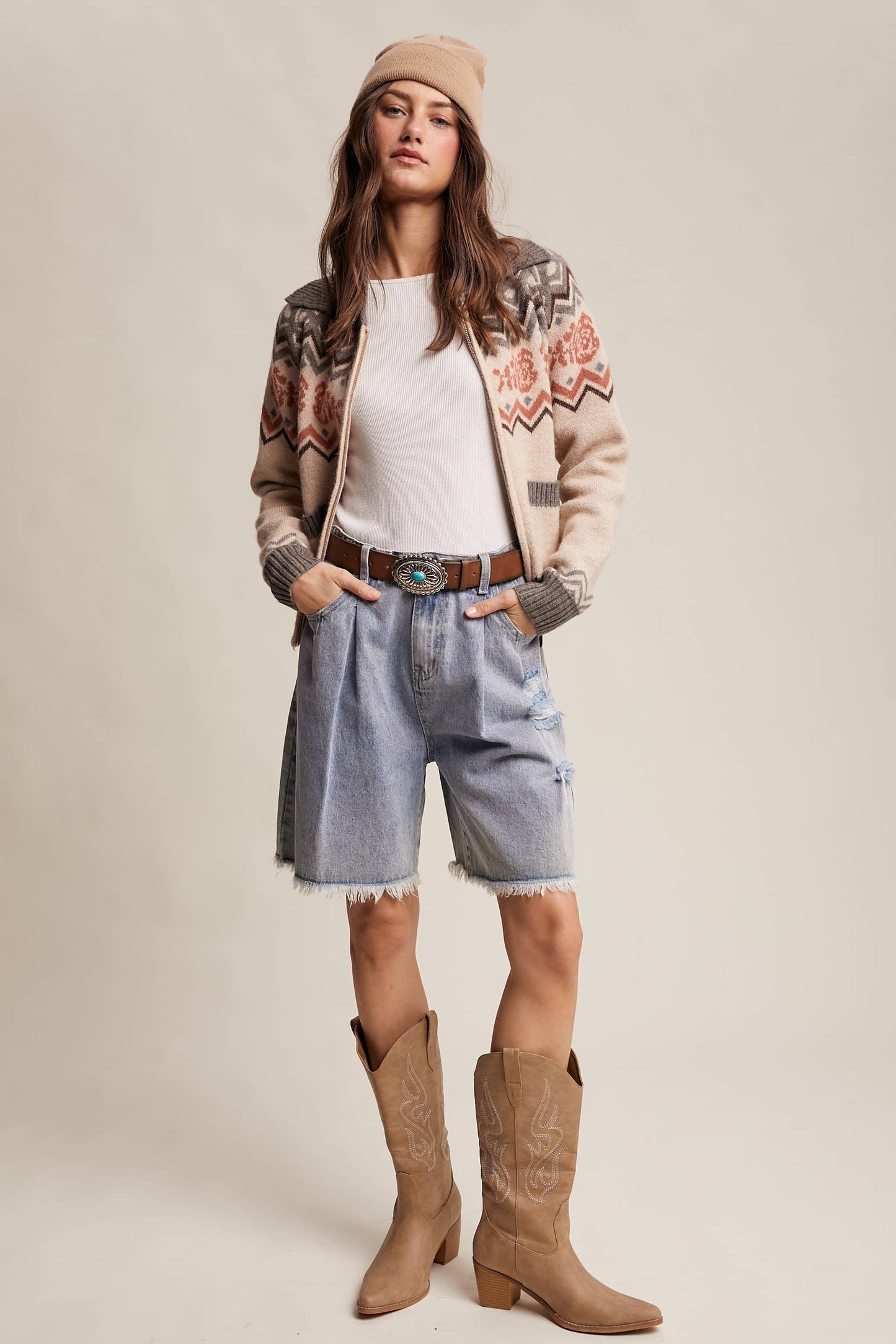 Retro Floral Knit Zip-Up Cardigan