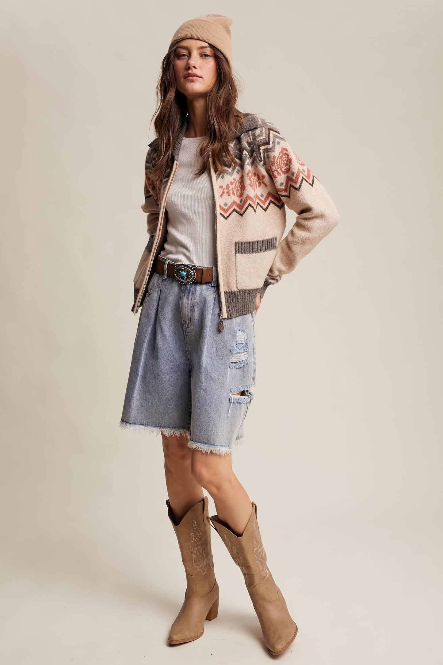 Retro Floral Knit Zip-Up Cardigan