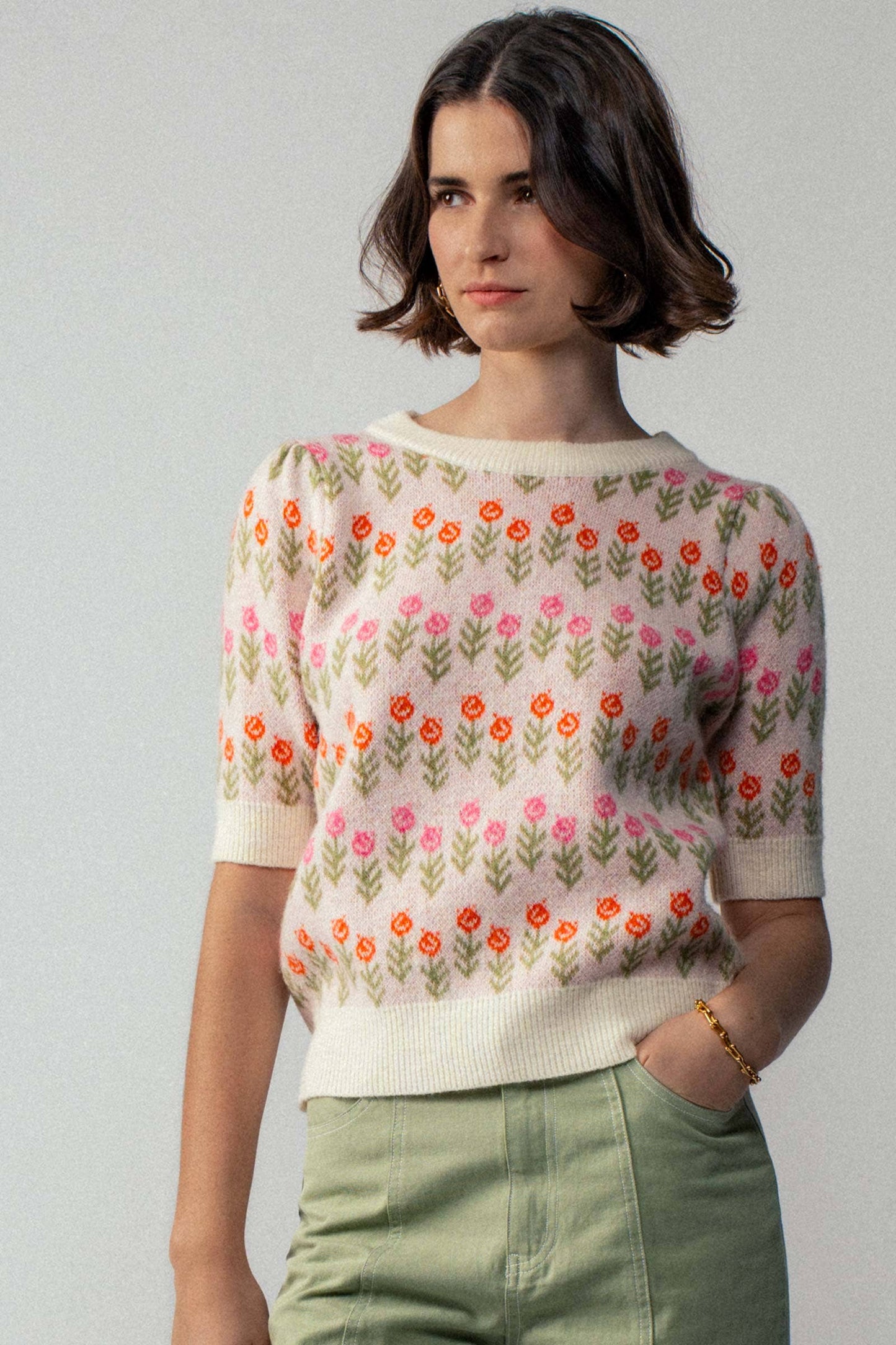 Floral Print Crew Neck Knit Sweater