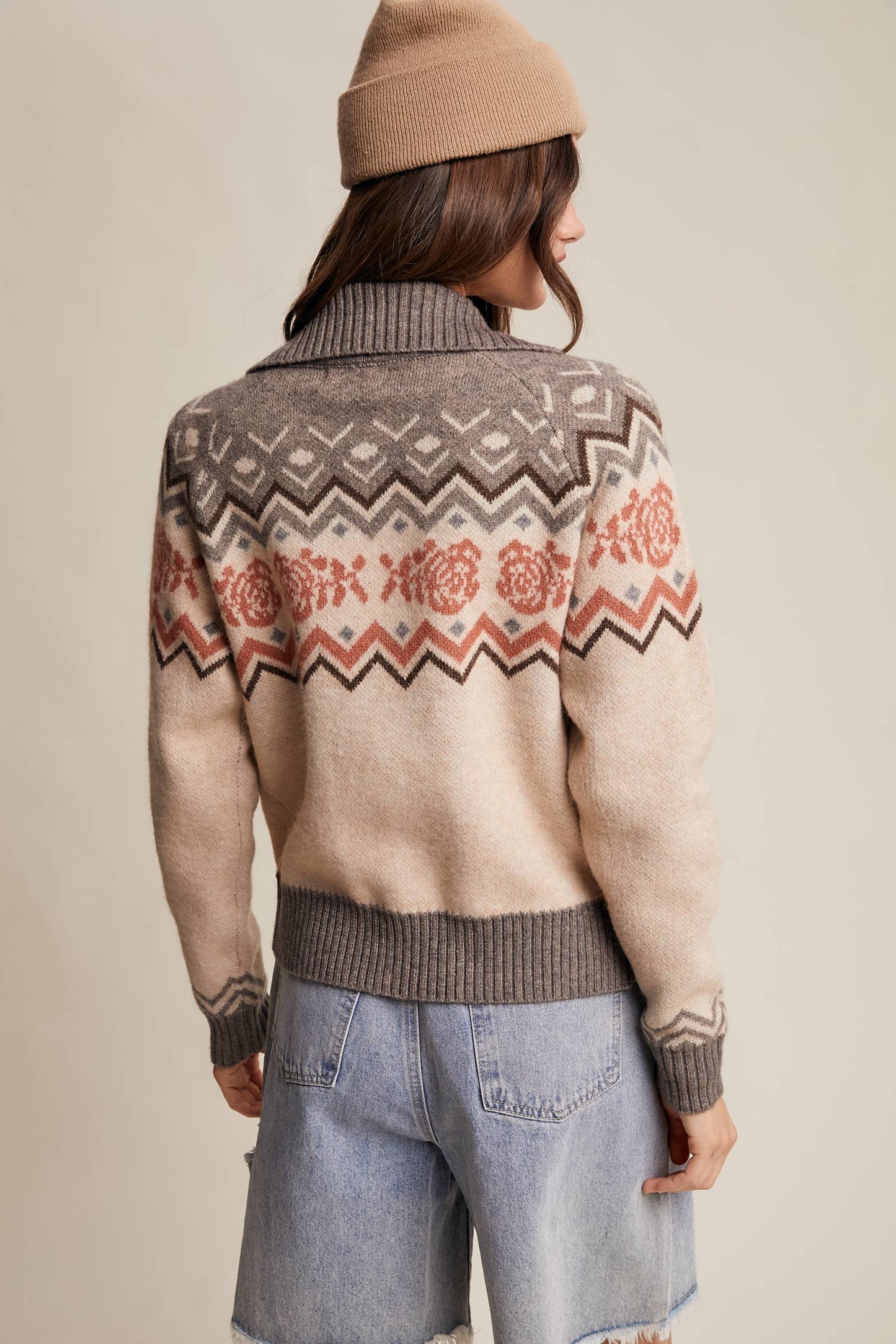 Retro Floral Knit Zip-Up Cardigan