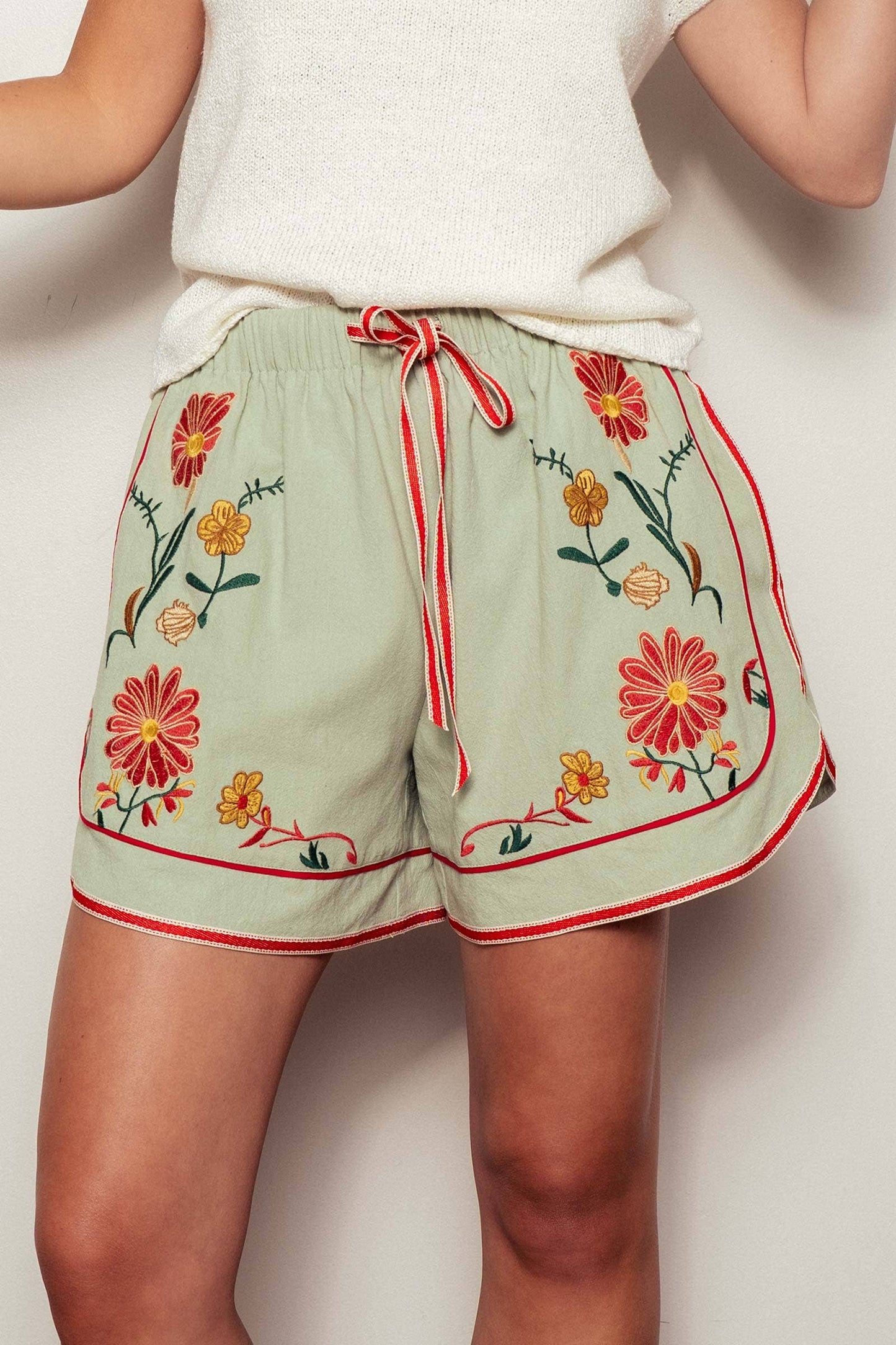 Embroidered Floral Drawstring Shorts