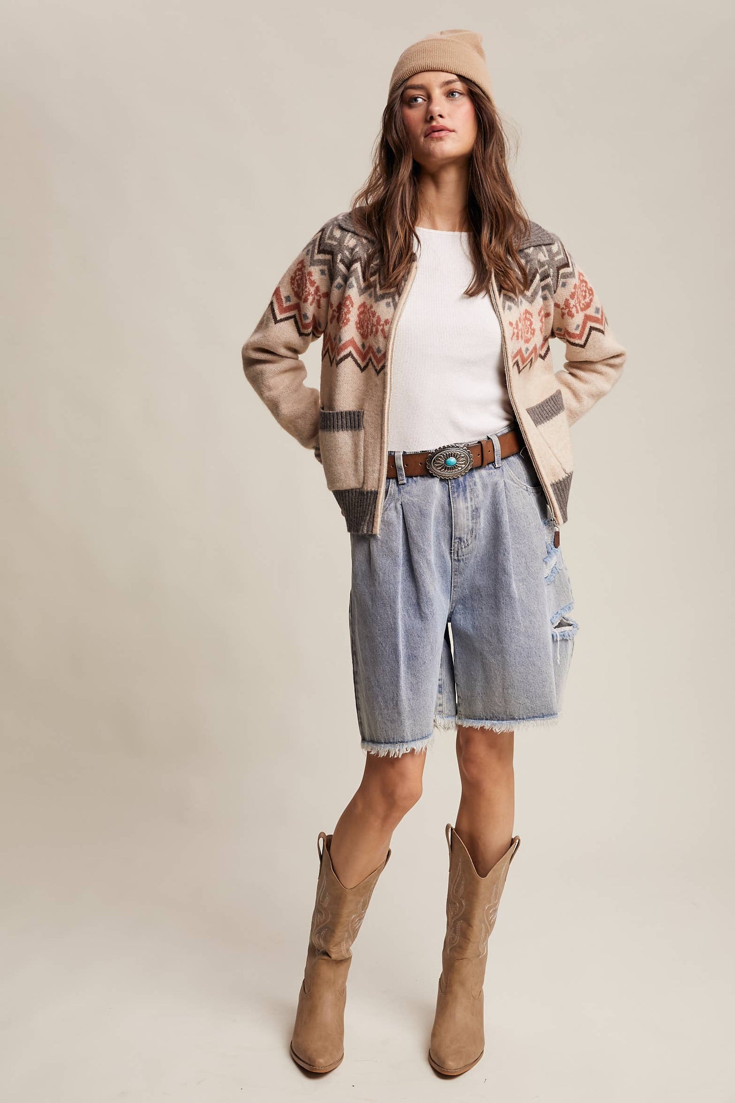 Retro Floral Knit Zip-Up Cardigan