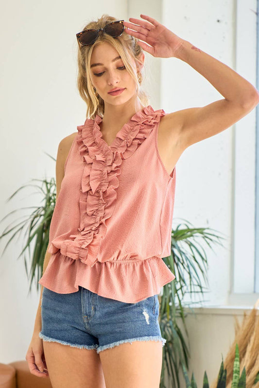 Frilled V-neck Sleeveless Top