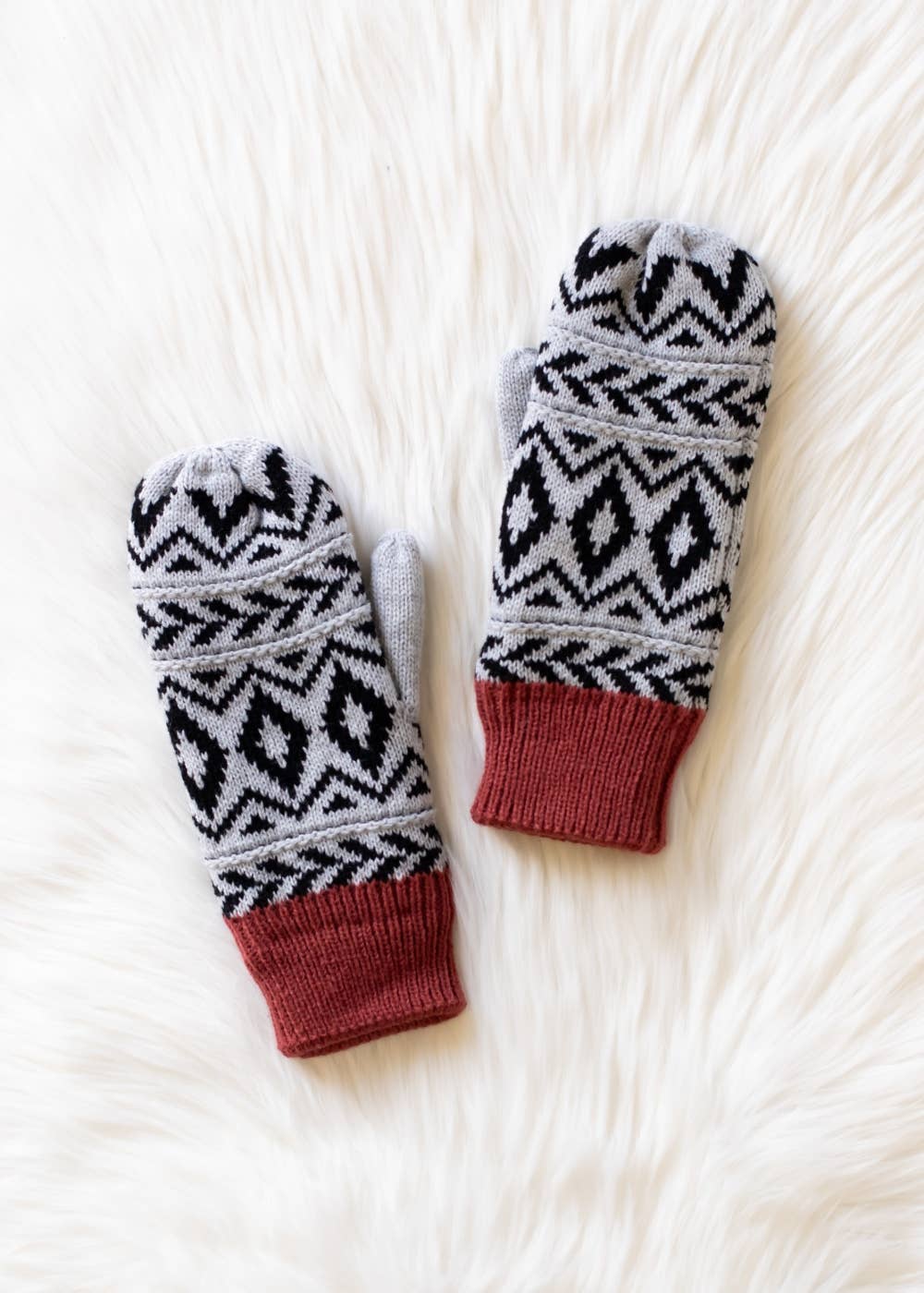 Gray, Black & Rust Patterned Mittens