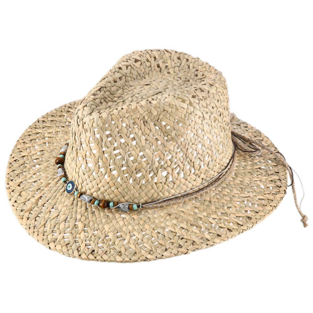Boho Evil Eye Accent Beaded Beaded Band Breathable Woven Western Summer Cowboy Fedora Sun Hat