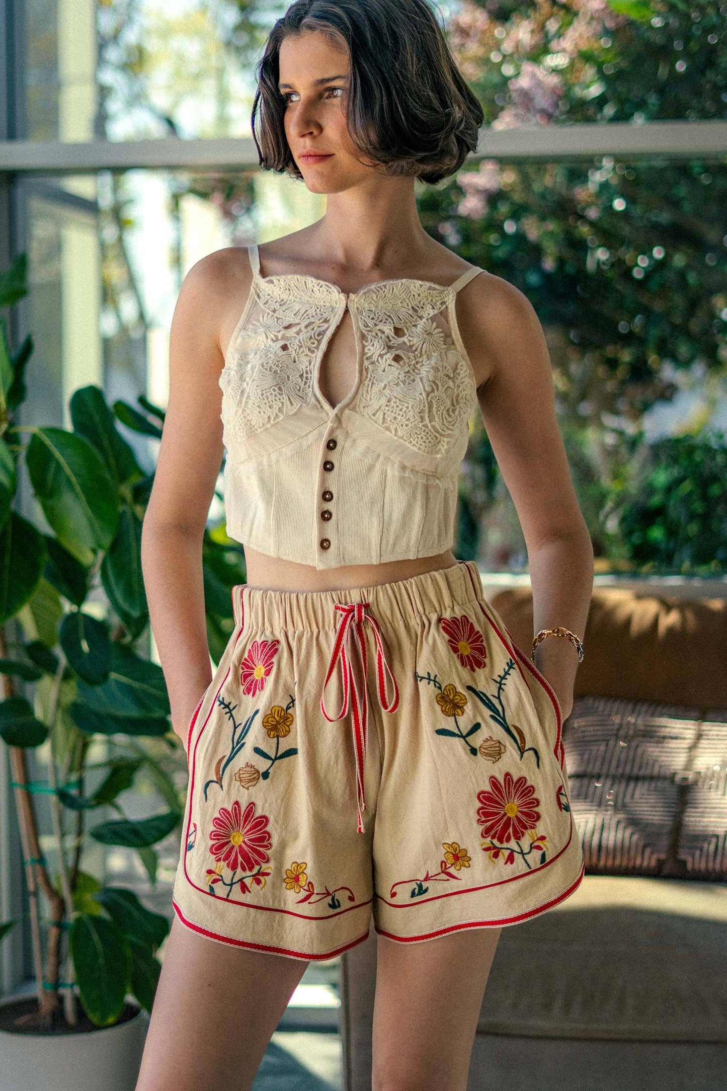 Embroidered Floral Drawstring Shorts