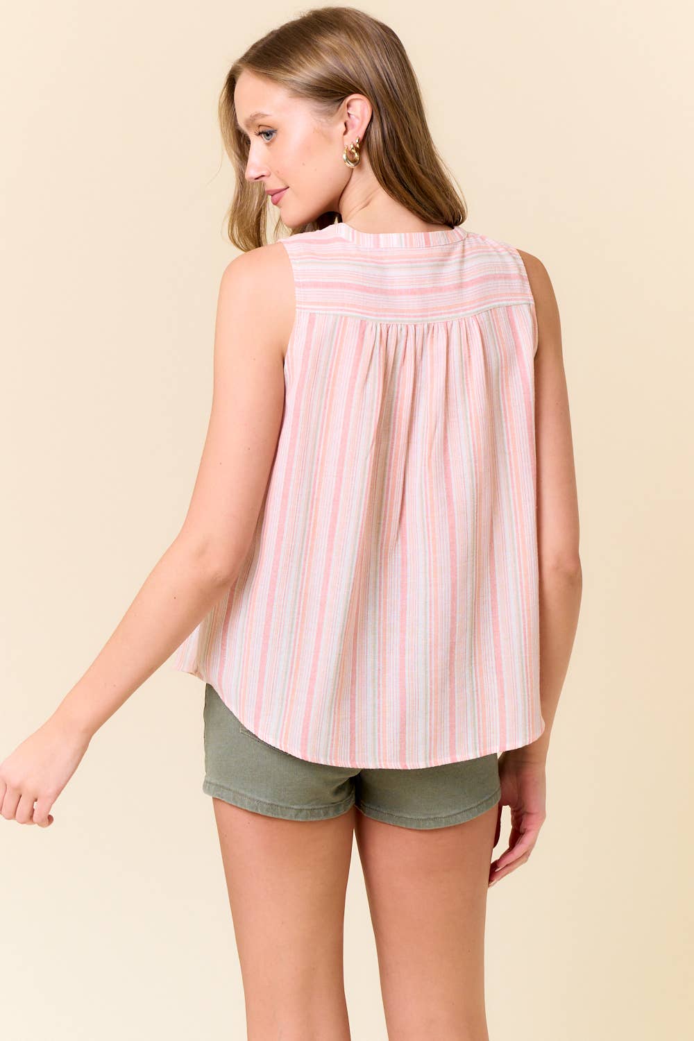 Cotton Striped Half Button Down Sleeveless Top