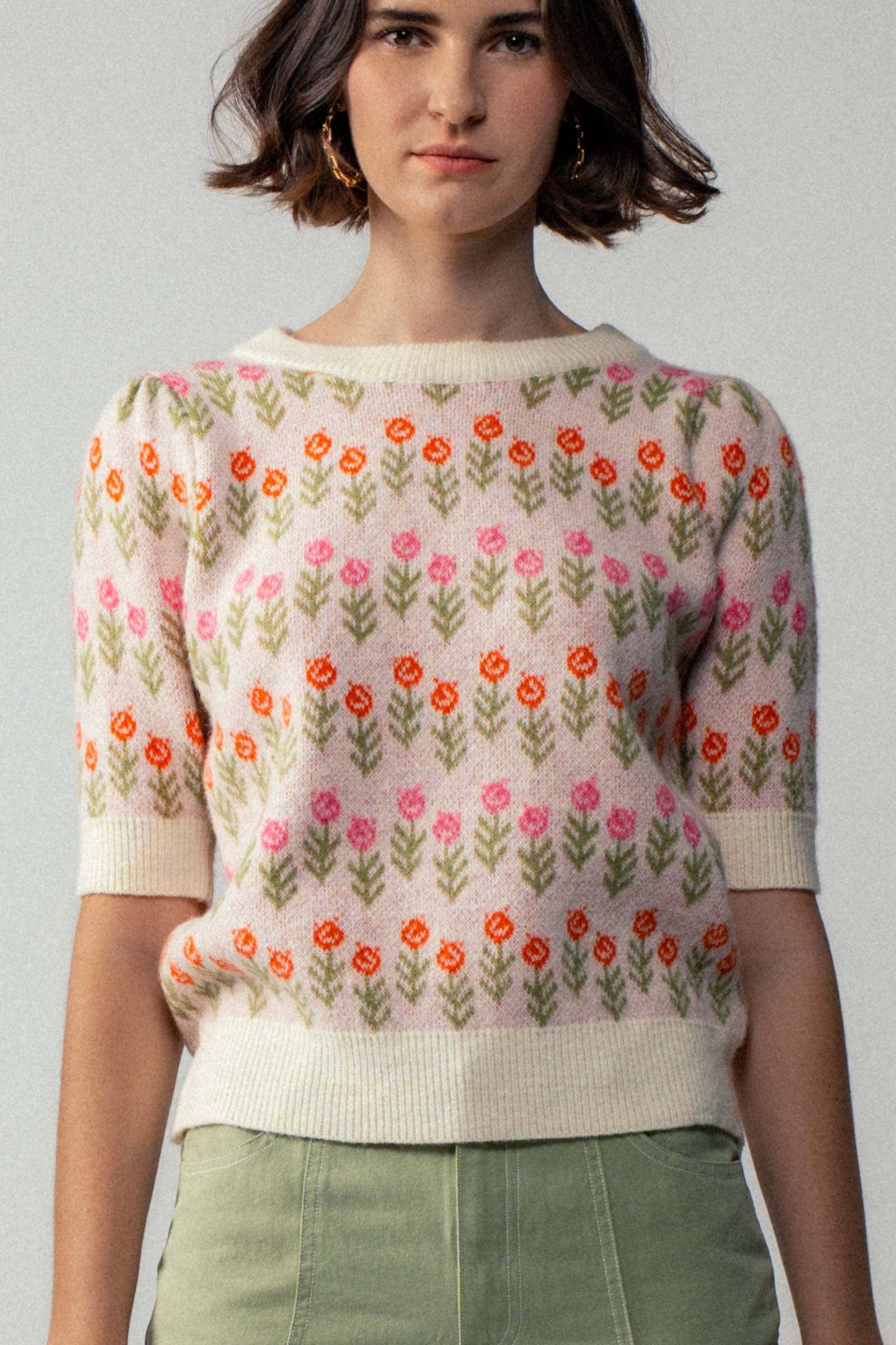 Floral Print Crew Neck Knit Sweater
