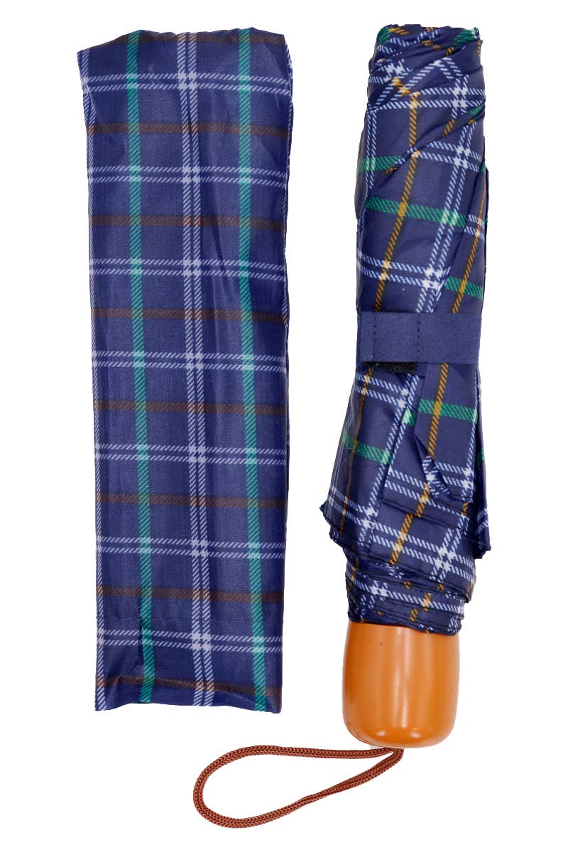 Blue Plaid Manual 8-Panel 3-Fold Compact Umbrella