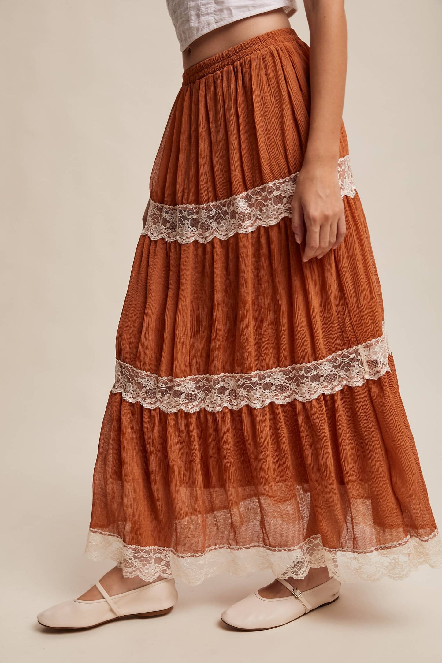 Tiered Lace-Trim Maxi Skirt