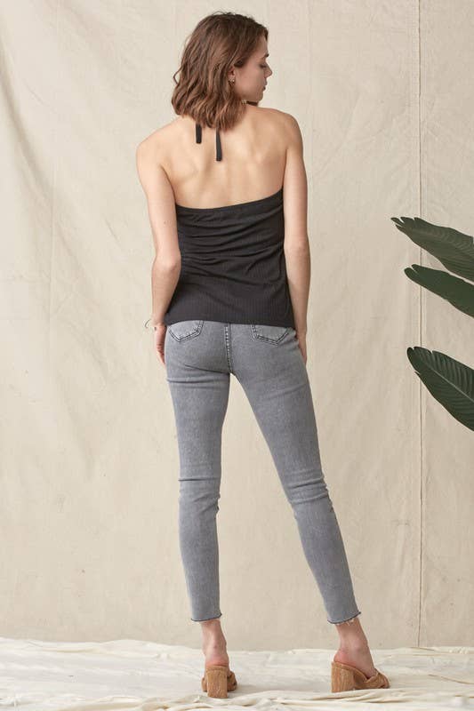 Rib Asymmetric Hem Halter Wrap Tank