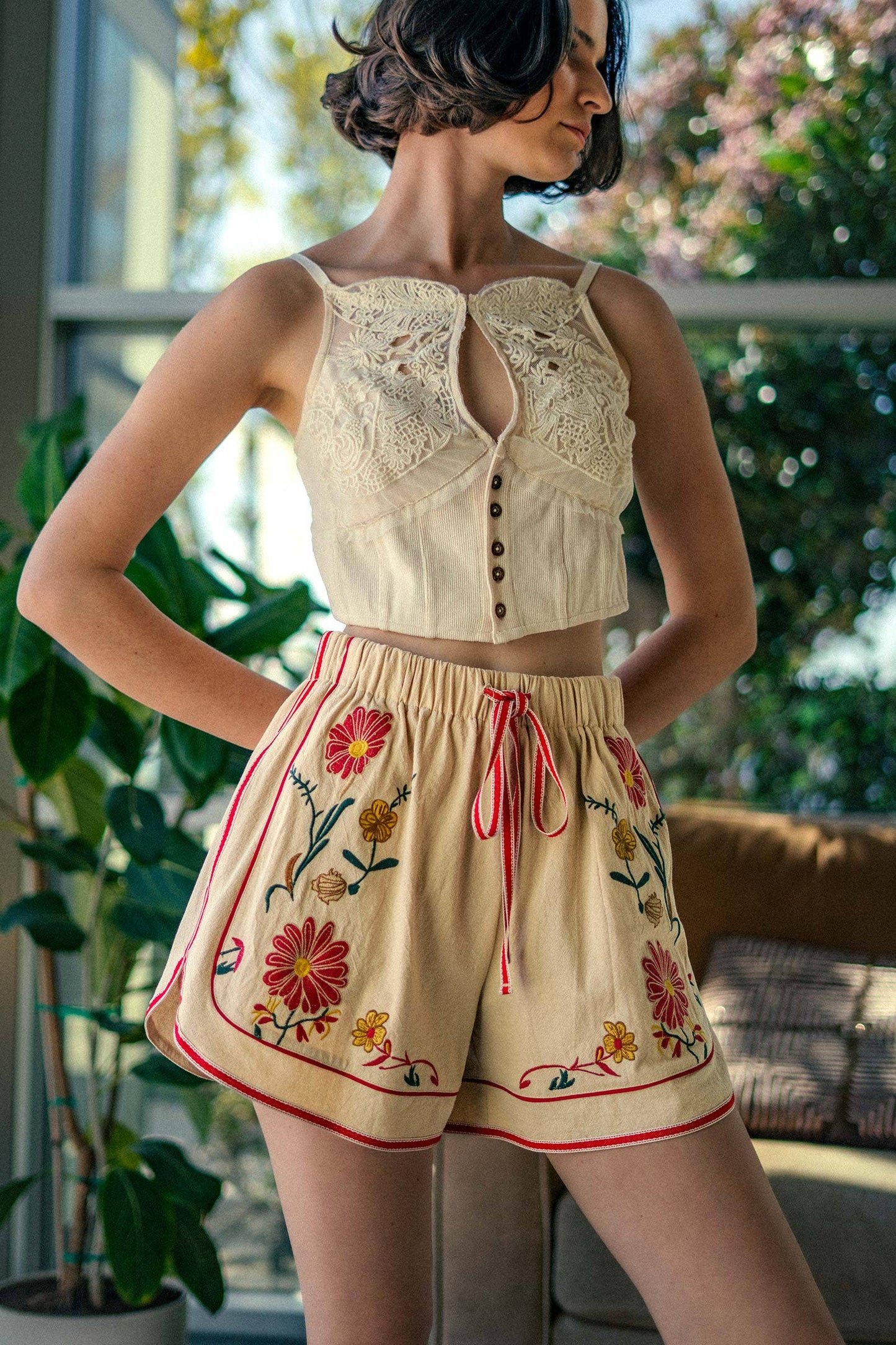 Embroidered Floral Drawstring Shorts