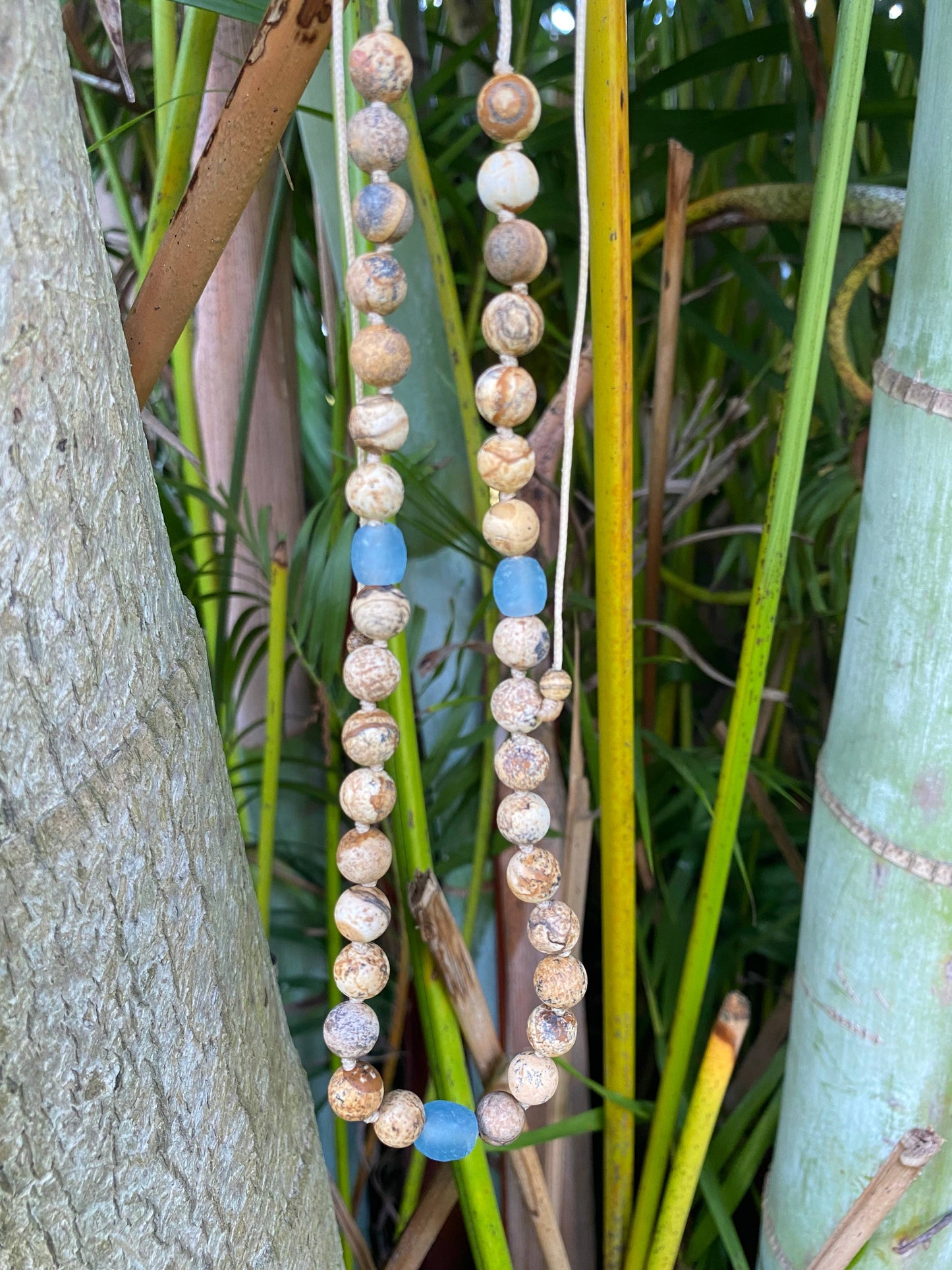 Picture Jasper & Recycled Glass Adjustable Beaded Necklace