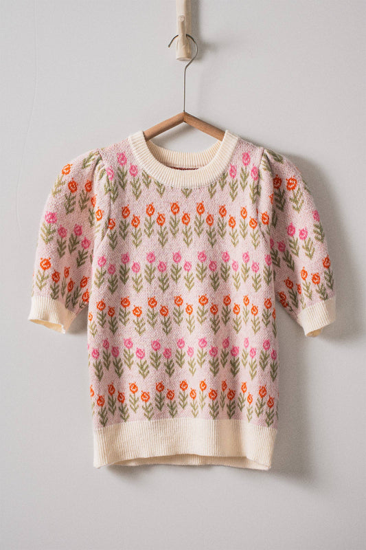 Floral Print Crew Neck Knit Sweater