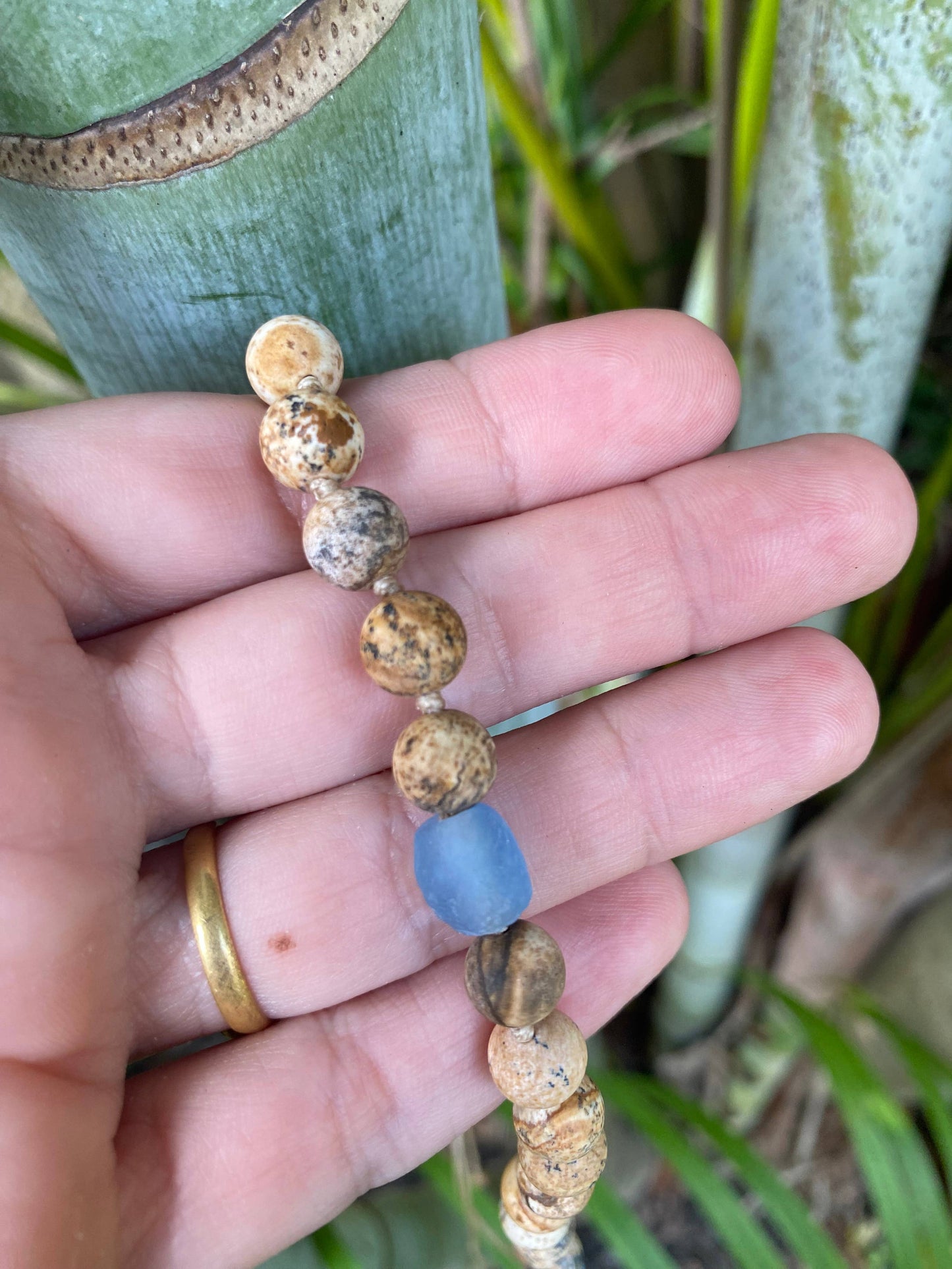 Picture Jasper & Recycled Glass Adjustable Beaded Necklace