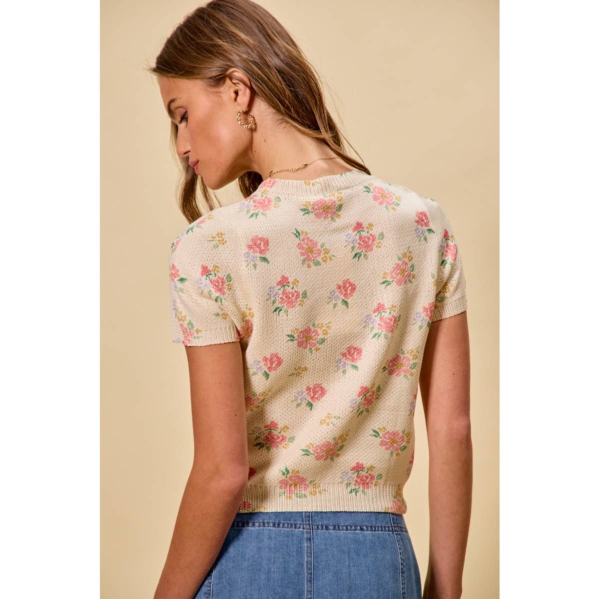 Floral Print Short Sleeve Sweater