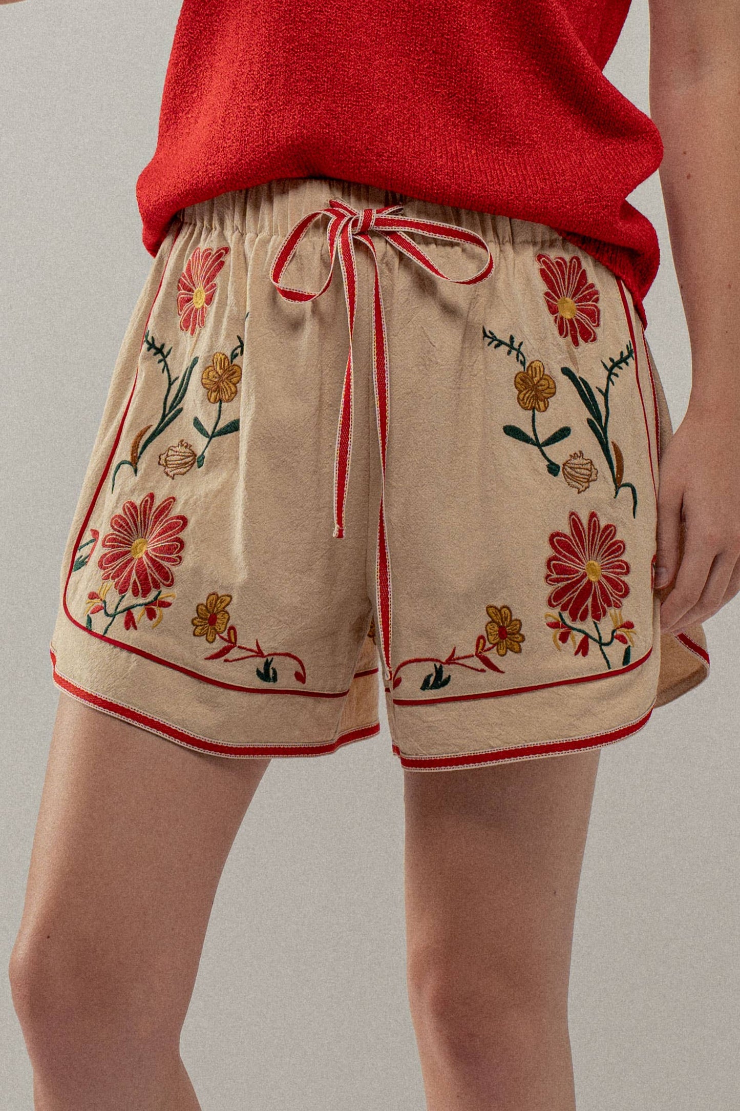 Embroidered Floral Drawstring Shorts