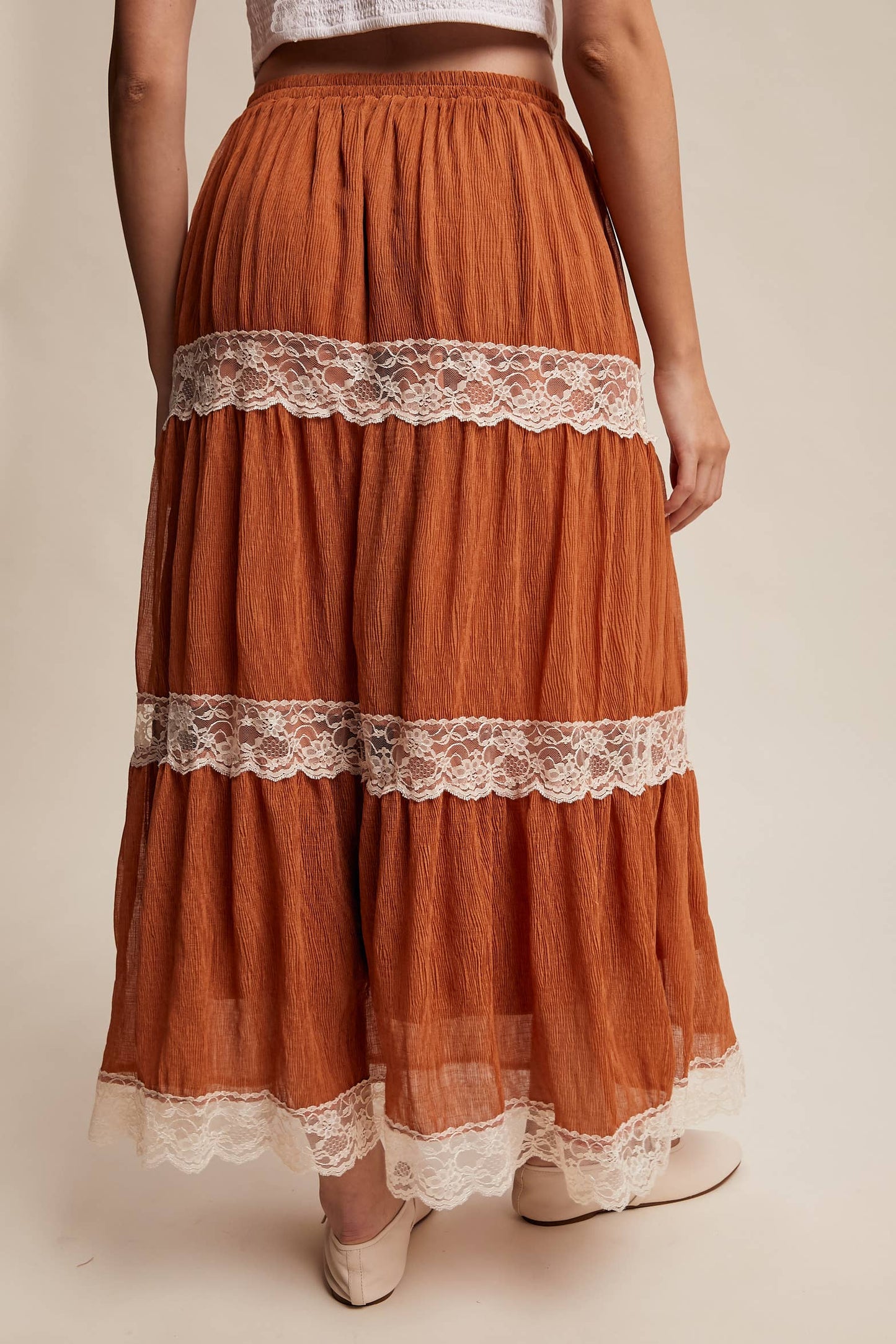 Tiered Lace-Trim Maxi Skirt