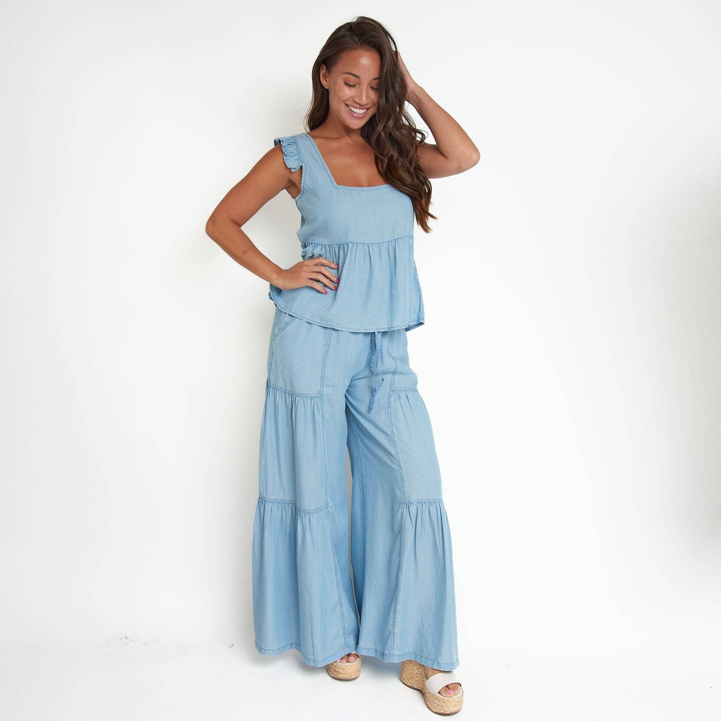 Delaney Chambray Babydoll Tank Top