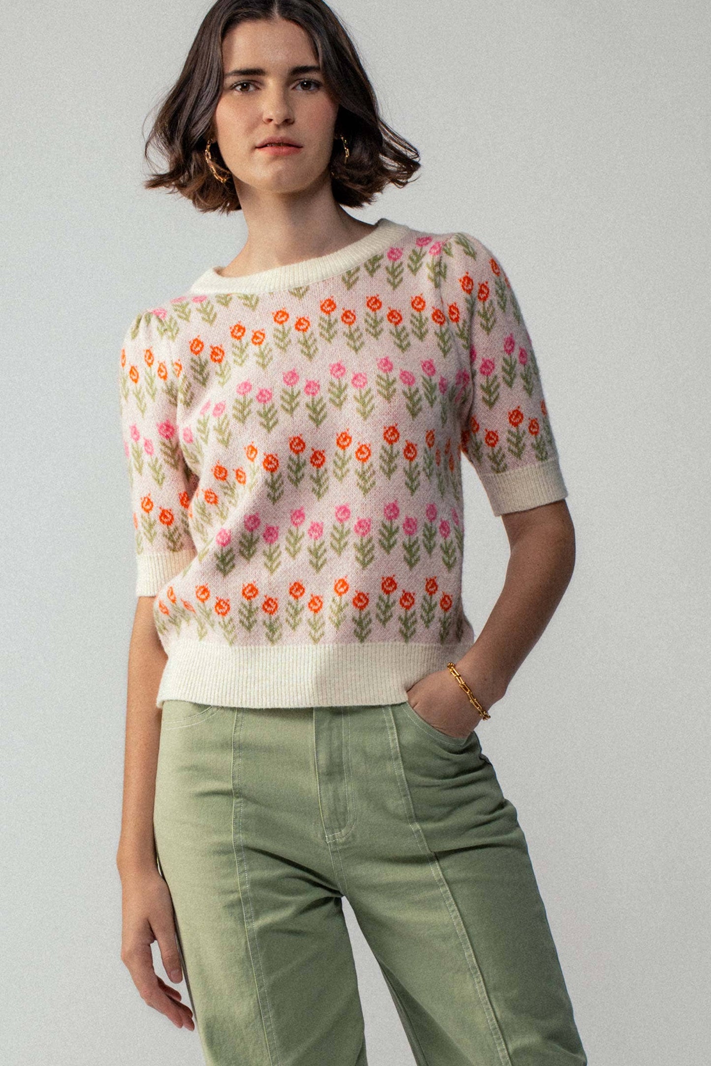 Floral Print Crew Neck Knit Sweater