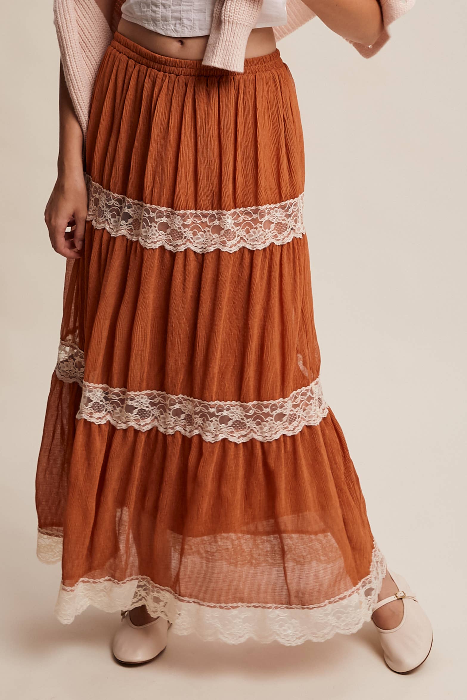 Tiered Lace-Trim Maxi Skirt  Scenic Drive Apparel & Gifts