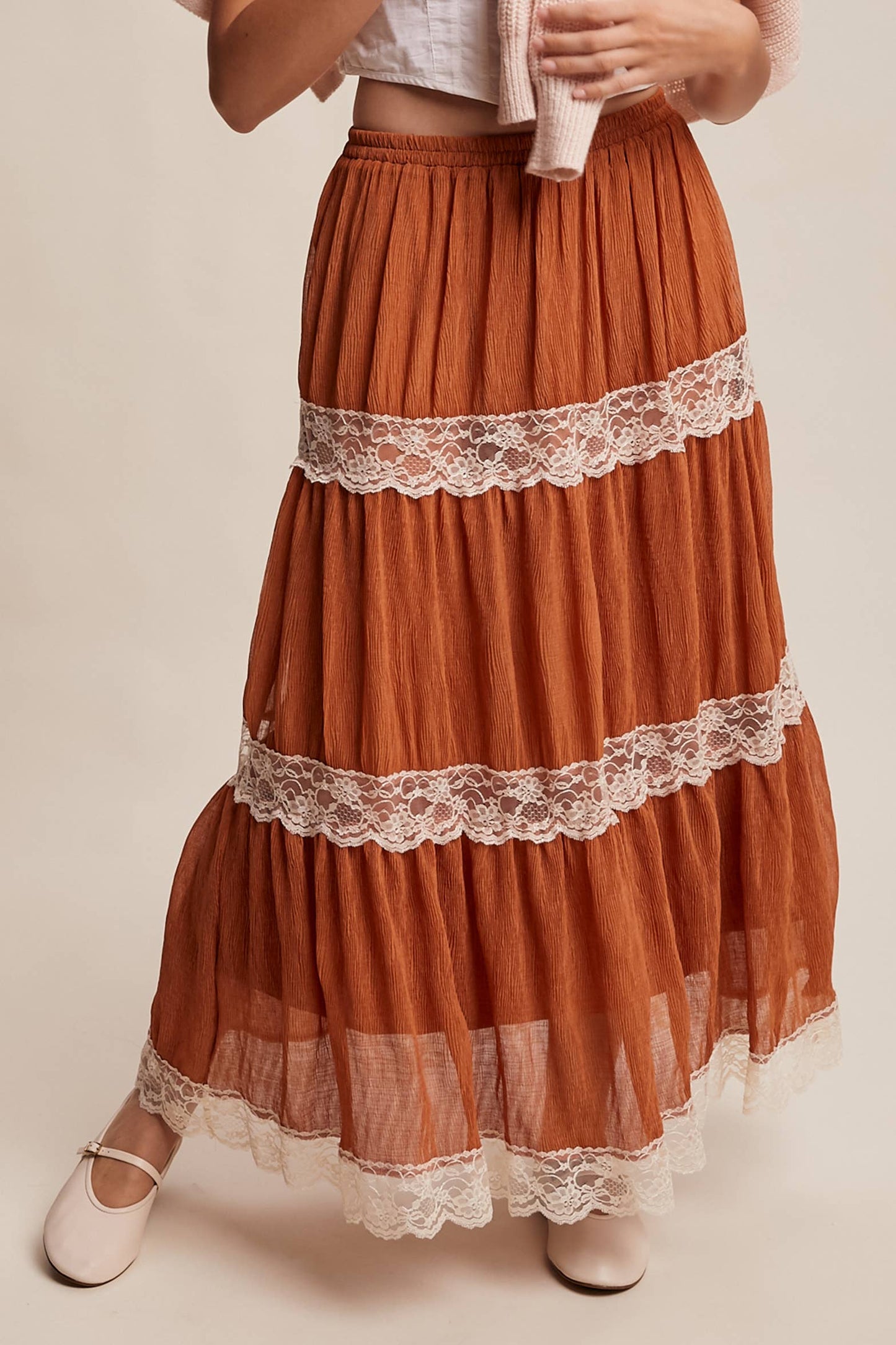 Tiered Lace-Trim Maxi Skirt