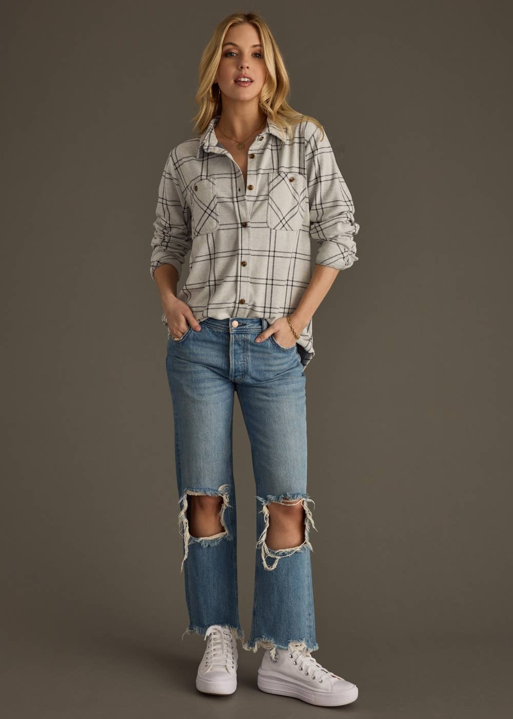 Lt. Gray & Black Plaid Button Up