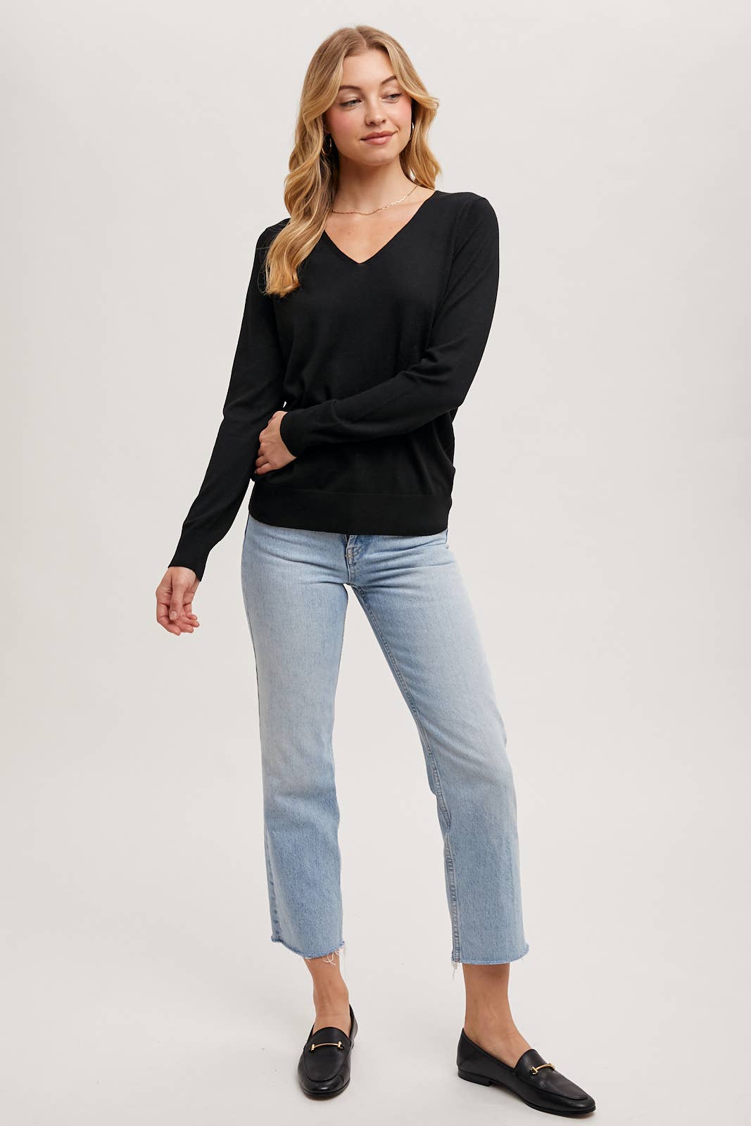 V-Neck Knit Pullover Long Sleeve Top