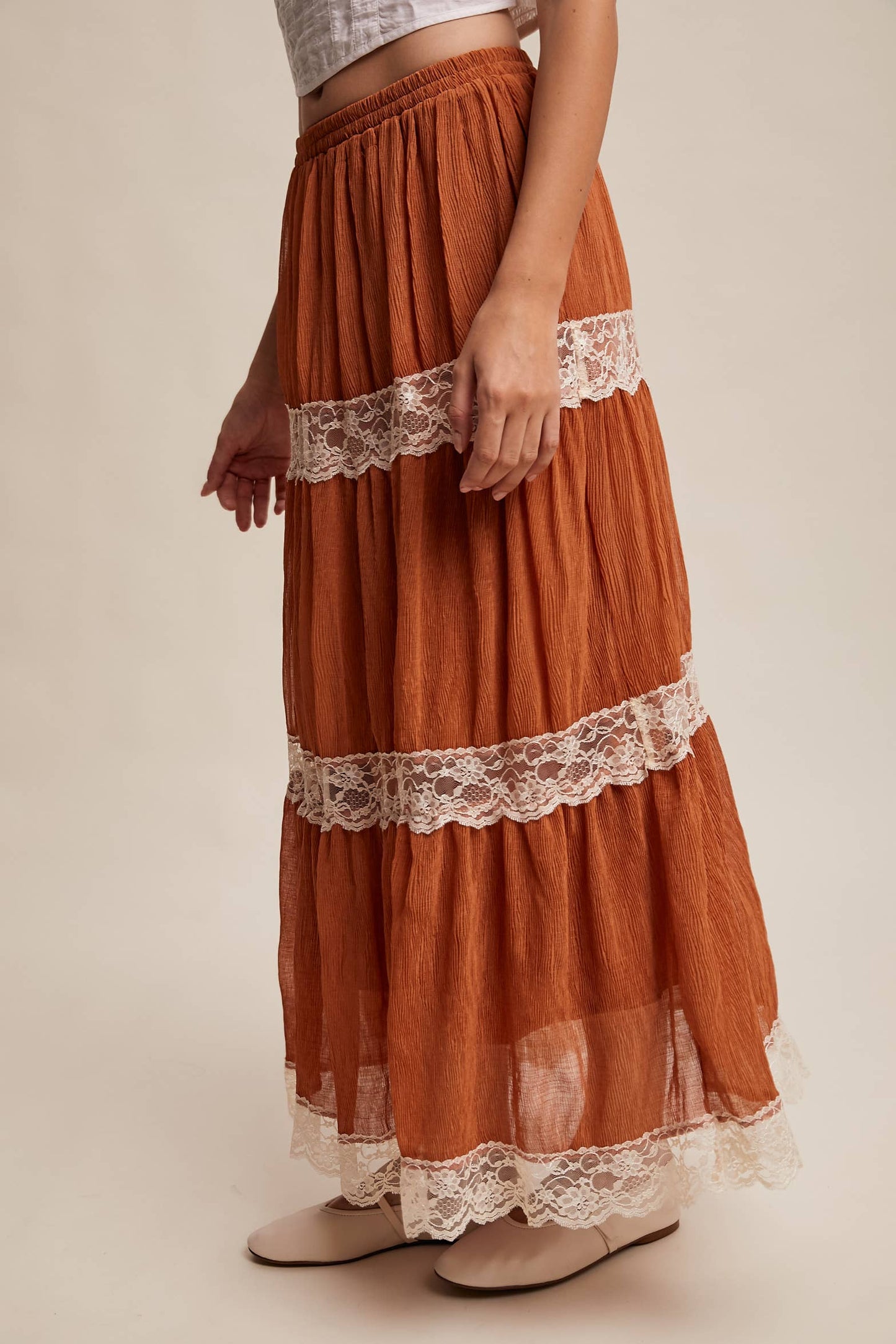 Tiered Lace-Trim Maxi Skirt