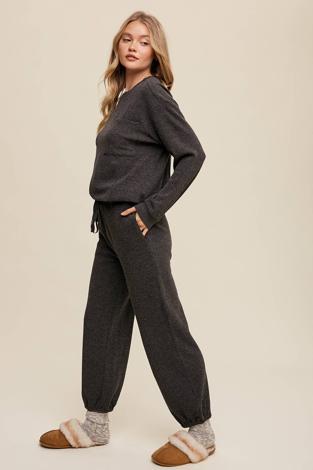 Waffle Knit Long Sleeve Lounge Set