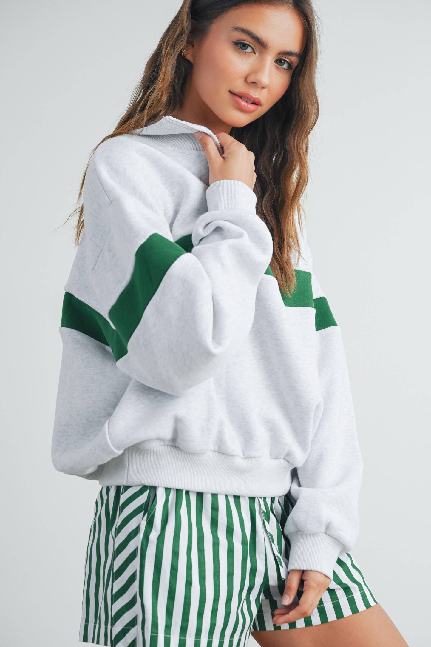 Two-Toned Half Zip Collar Sweatshirt