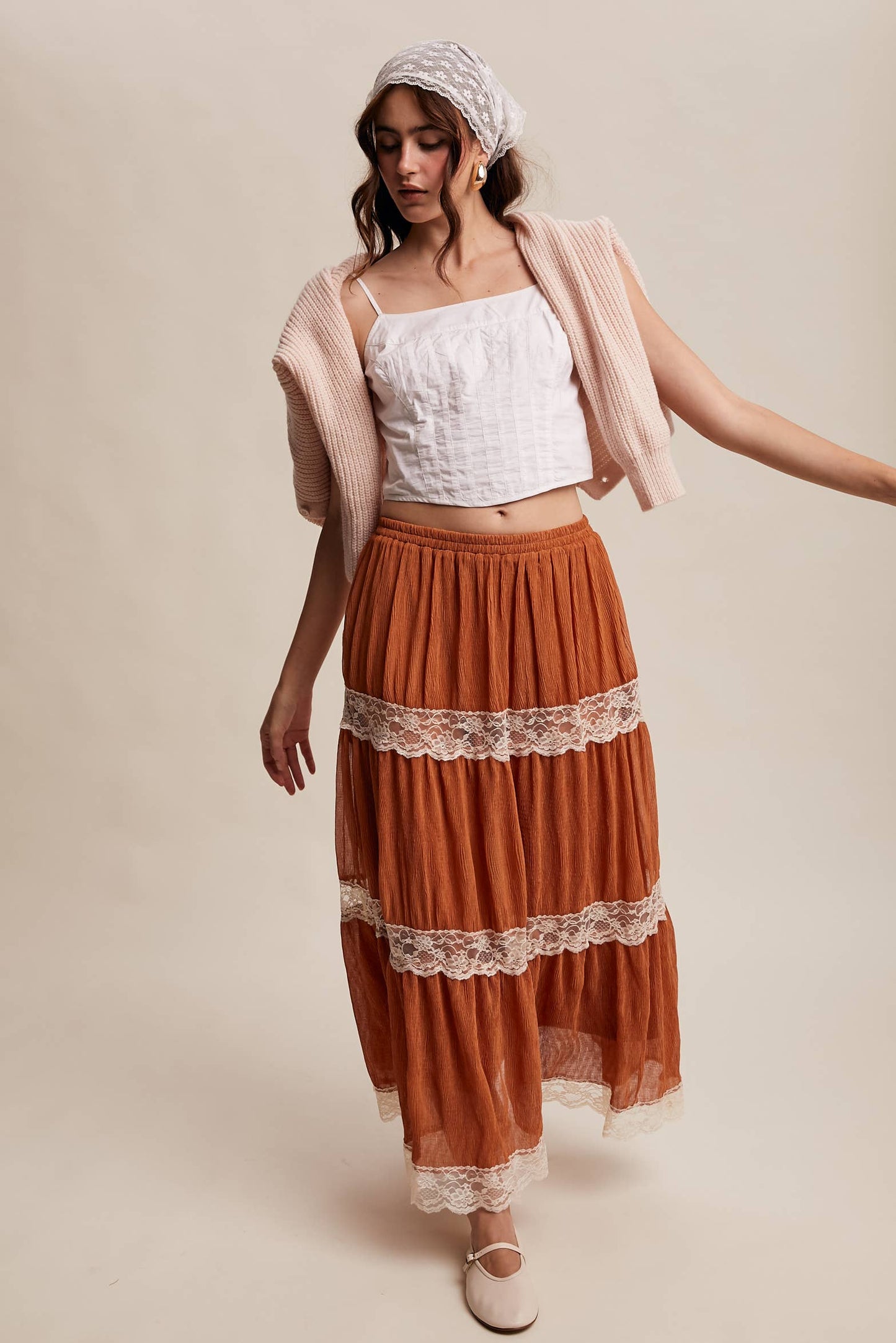Tiered Lace-Trim Maxi Skirt