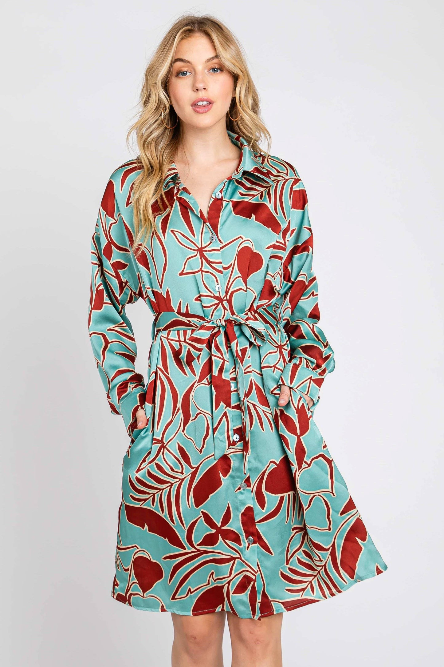 Printed Satin Shirt Dress