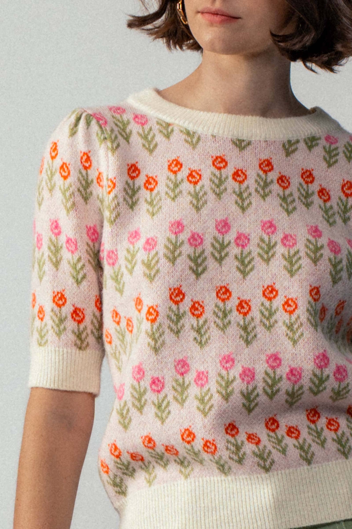 Floral Print Crew Neck Knit Sweater