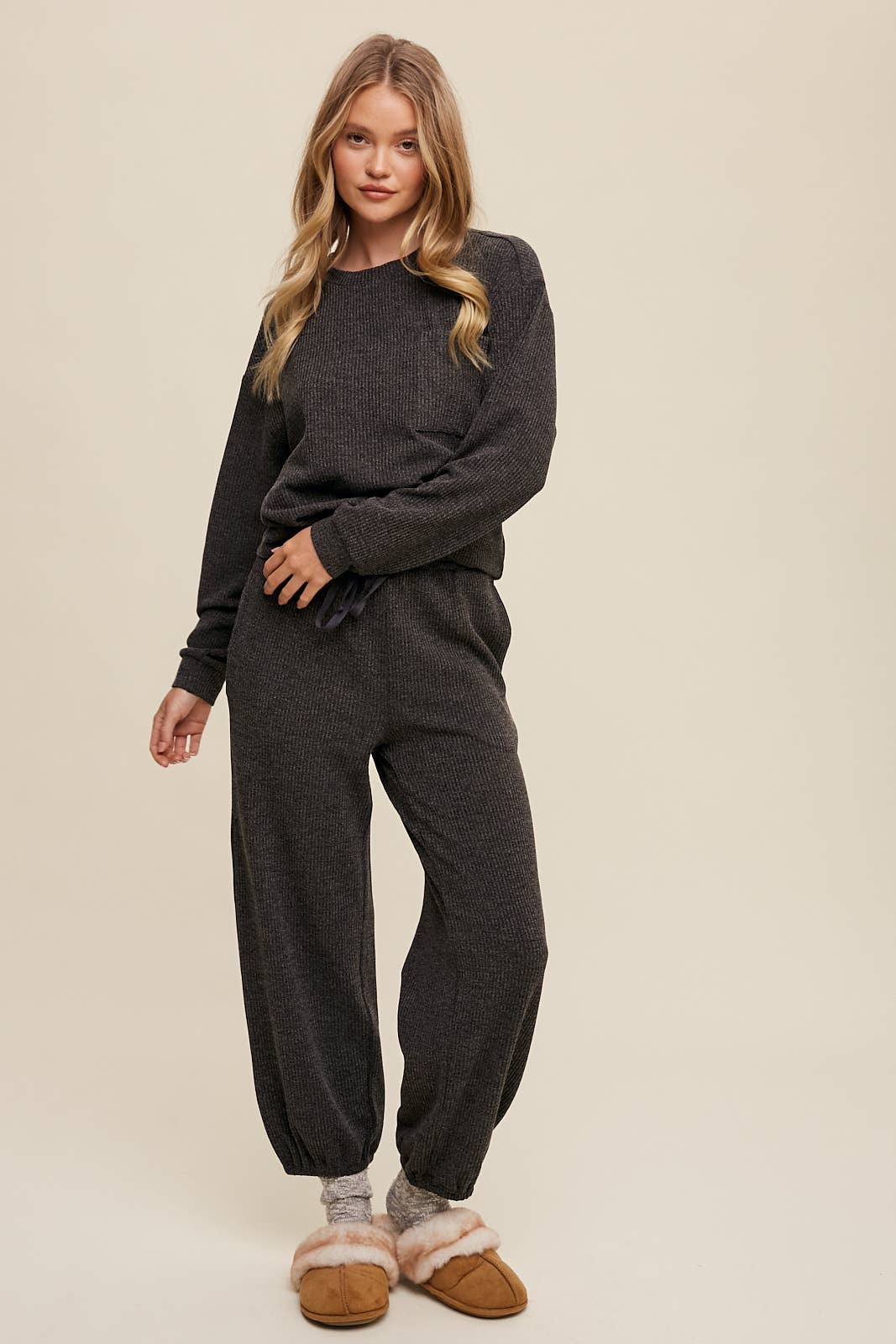 Waffle Knit Long Sleeve Lounge Set