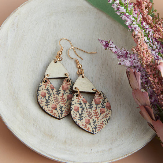 Jolie Wooden Floral Print Triangle Gold Drop Earrings