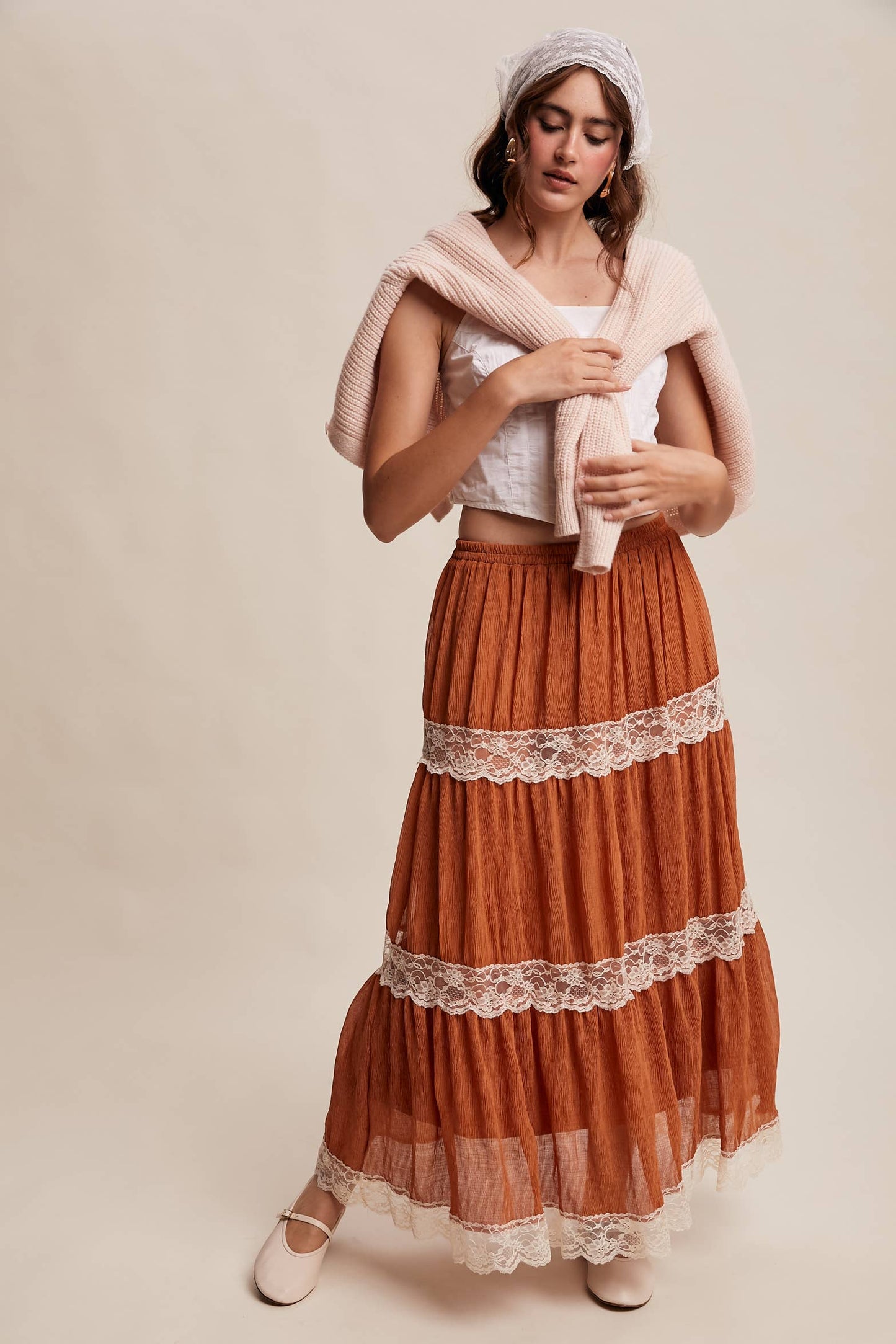 Tiered Lace-Trim Maxi Skirt