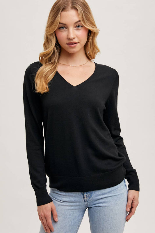V-Neck Knit Pullover Long Sleeve Top