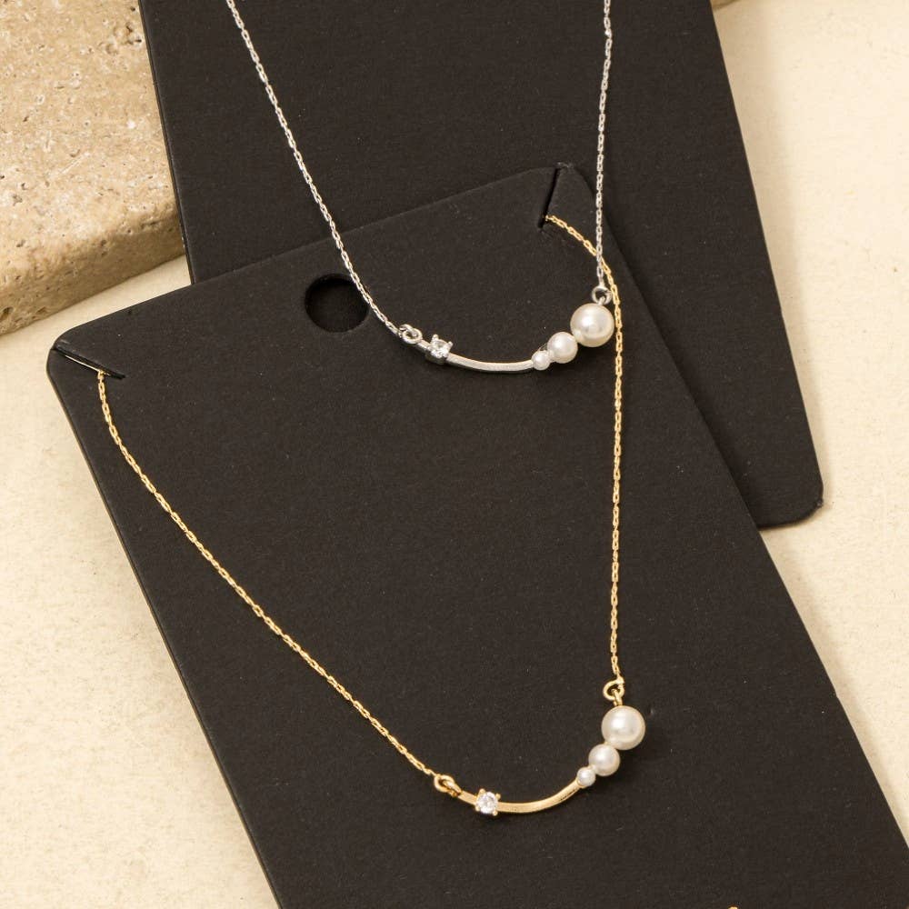 Pearl And Cz Bar Pendant Dainty Chain Necklace