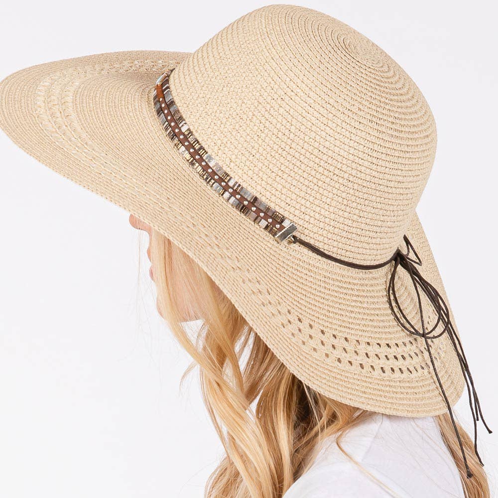 Wide Brim Straw Sun Hat with Evil Eye and Multi Design Band