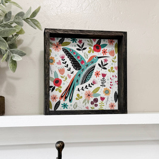 Folk Hummingbird Wood Framed Art