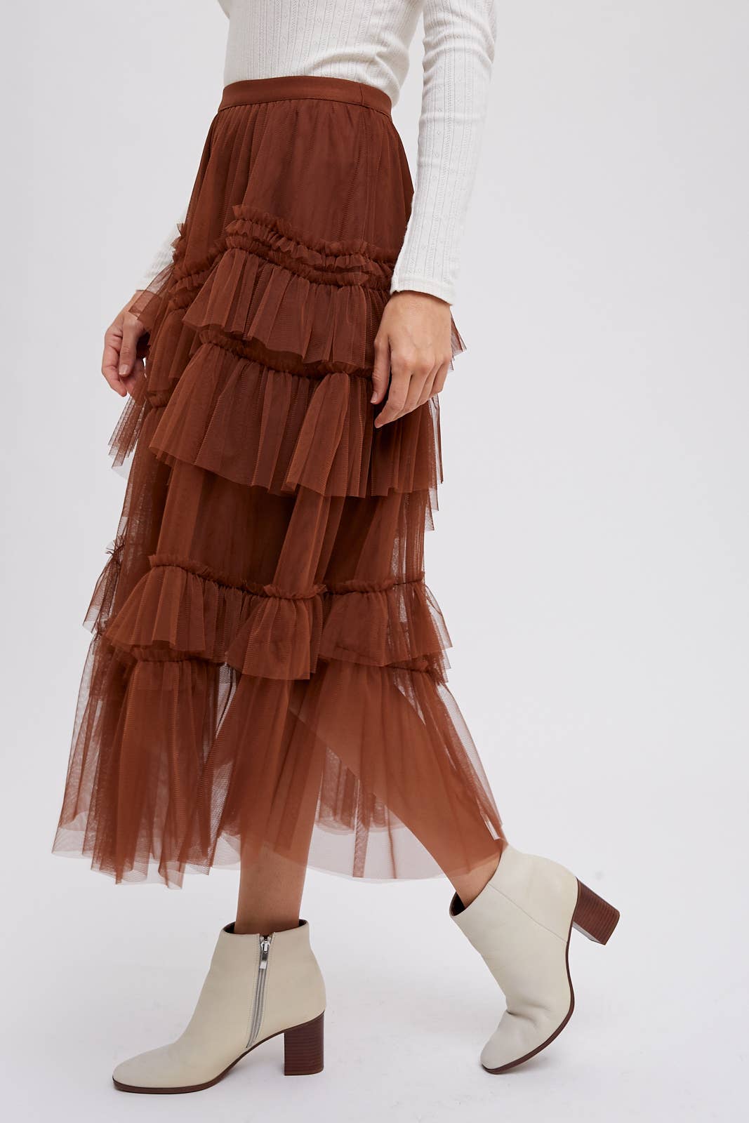 Tiered Ruffled Tulle Midi Skirt